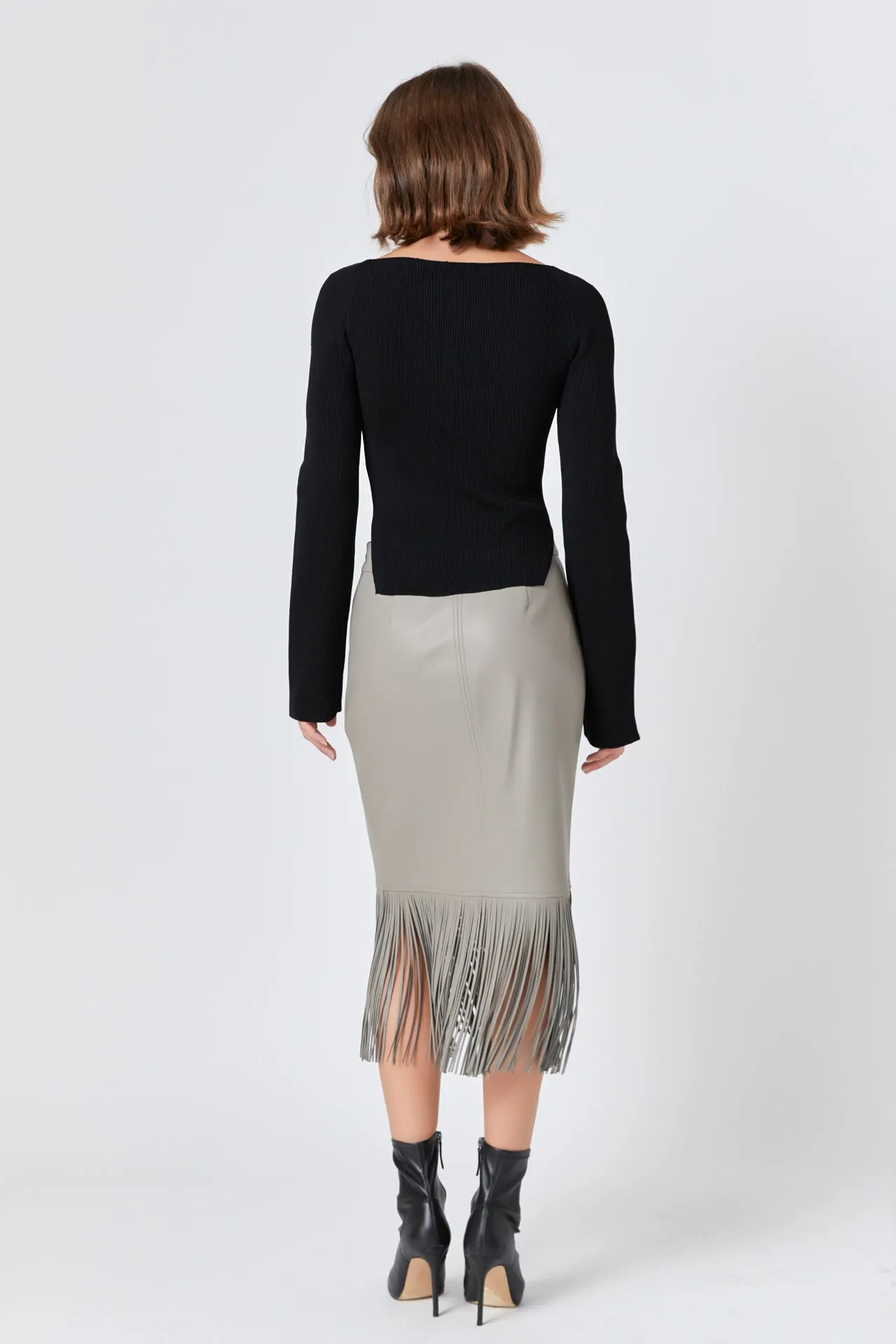 Pu Fringe Pencil Midi Skirt