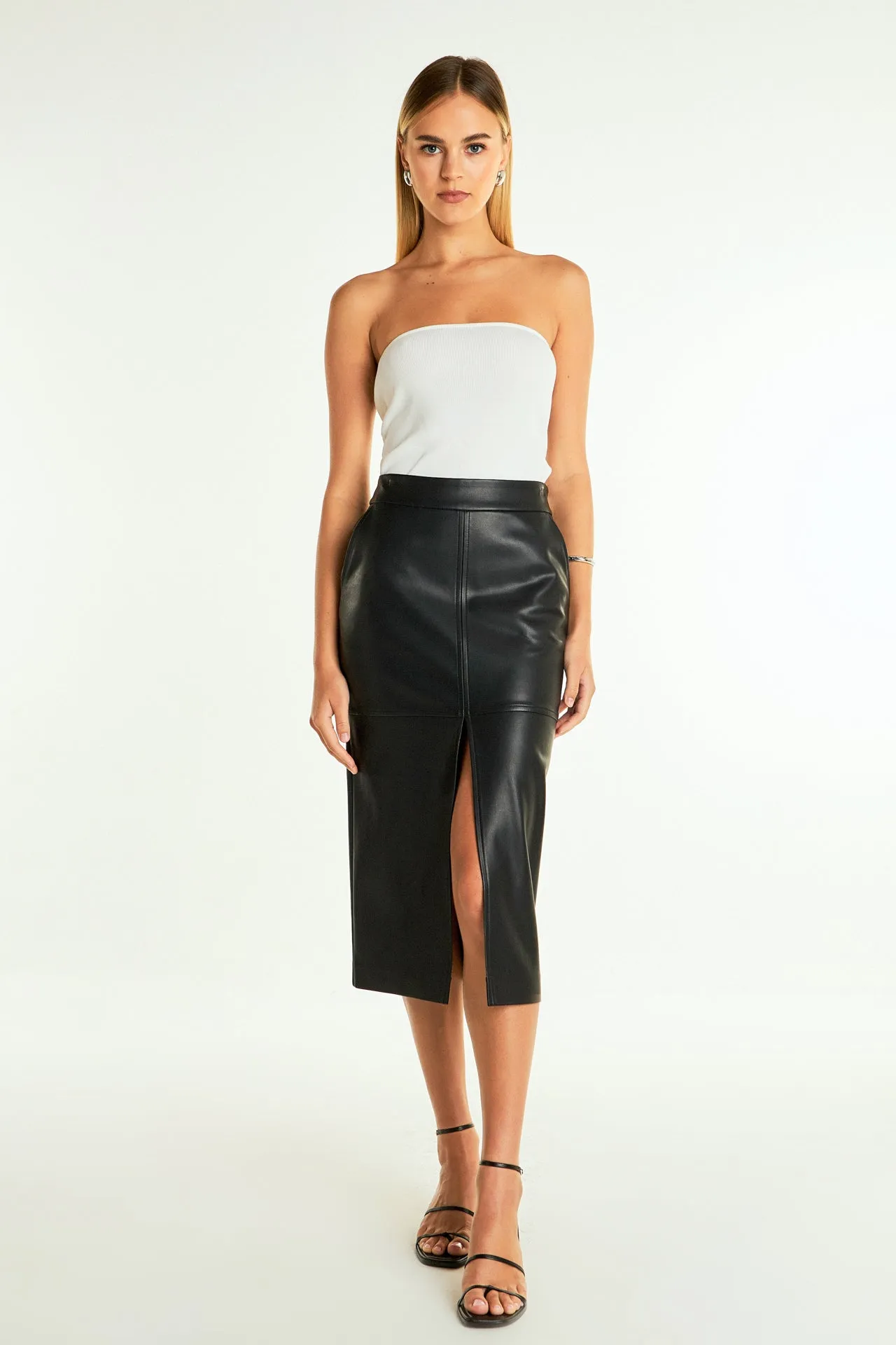 Pu Front Slit Midi Skirt