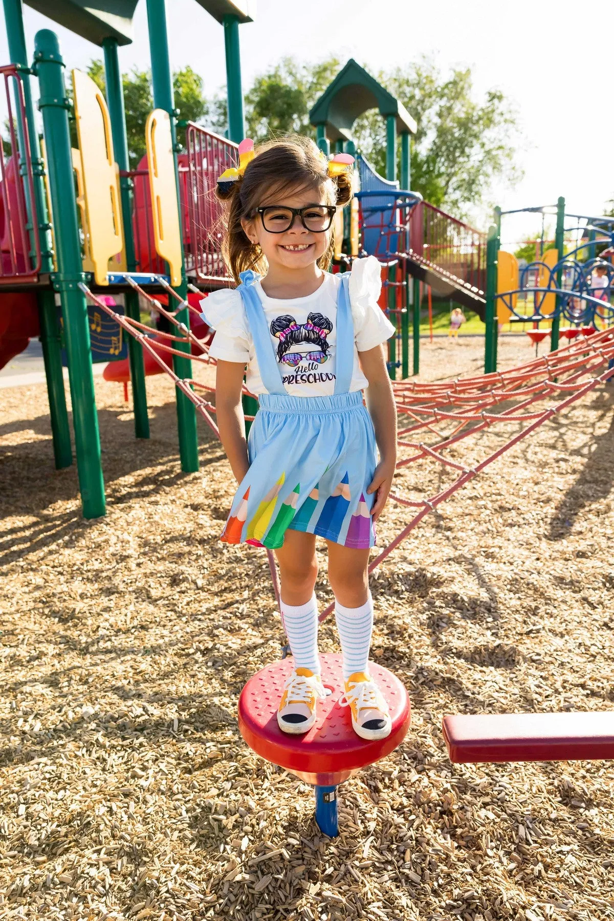 "Hello Preschool - 4th Grade" Rainbow Pencil Suspender Skirt Set