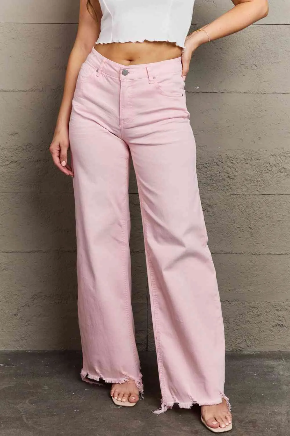 Raelene Full Size High Waist Wide Leg Jeans in Light Pink