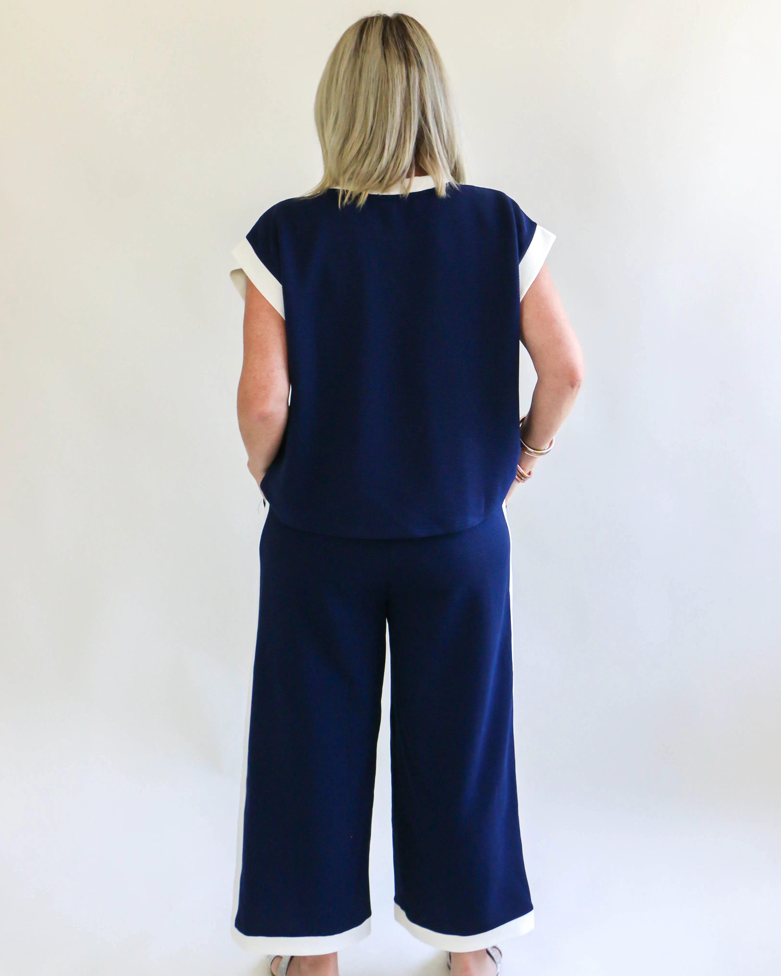 Ribbed Cap Sleeve Top and Wide-Leg Pants Set in Navy