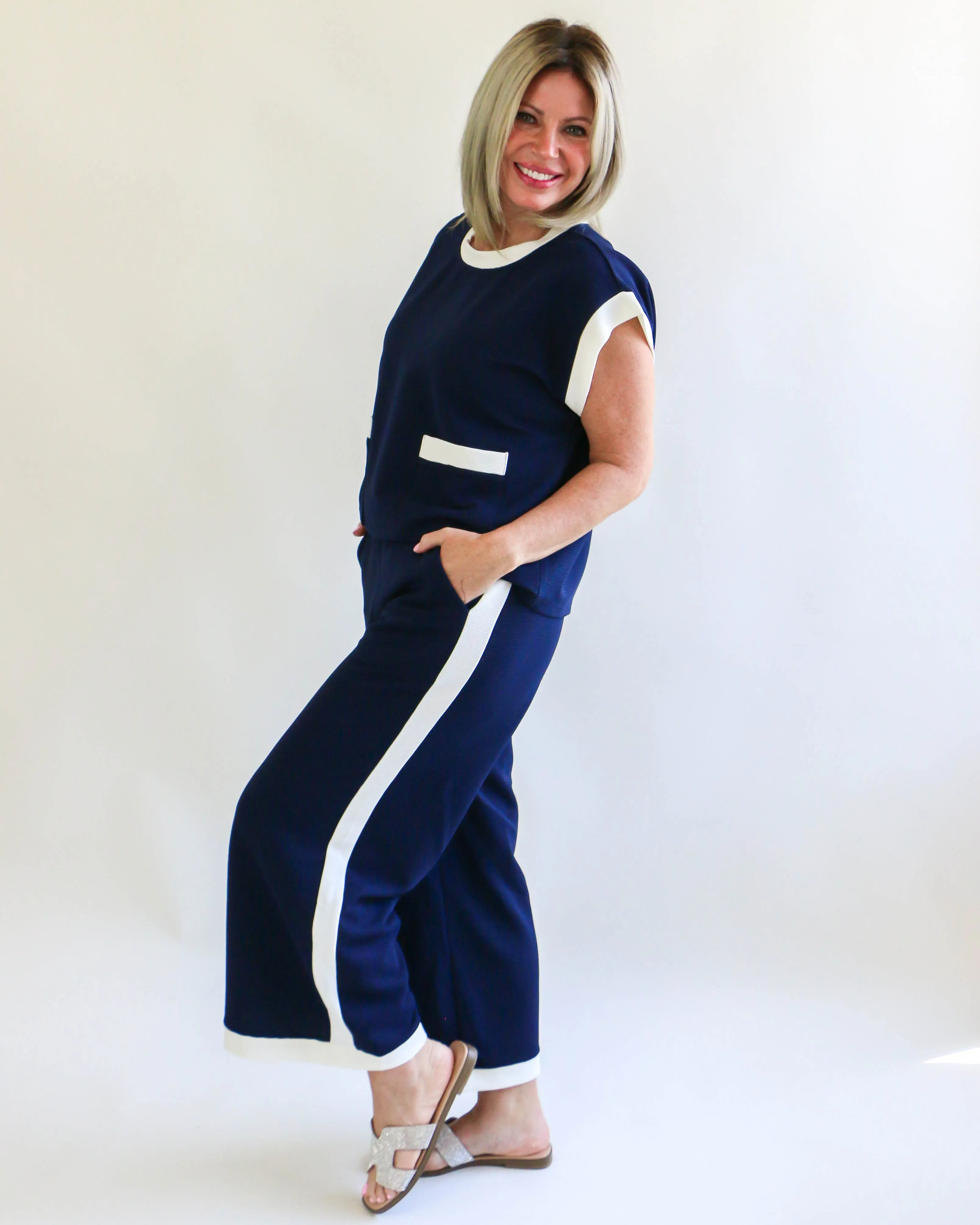 Ribbed Cap Sleeve Top and Wide-Leg Pants Set in Navy