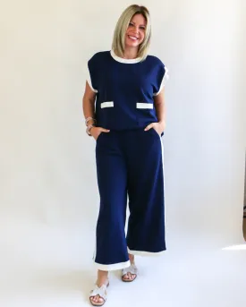 Ribbed Cap Sleeve Top and Wide-Leg Pants Set in Navy