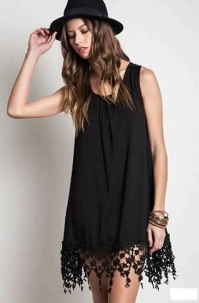 Romantic Black Shift Dress with Lace Trim