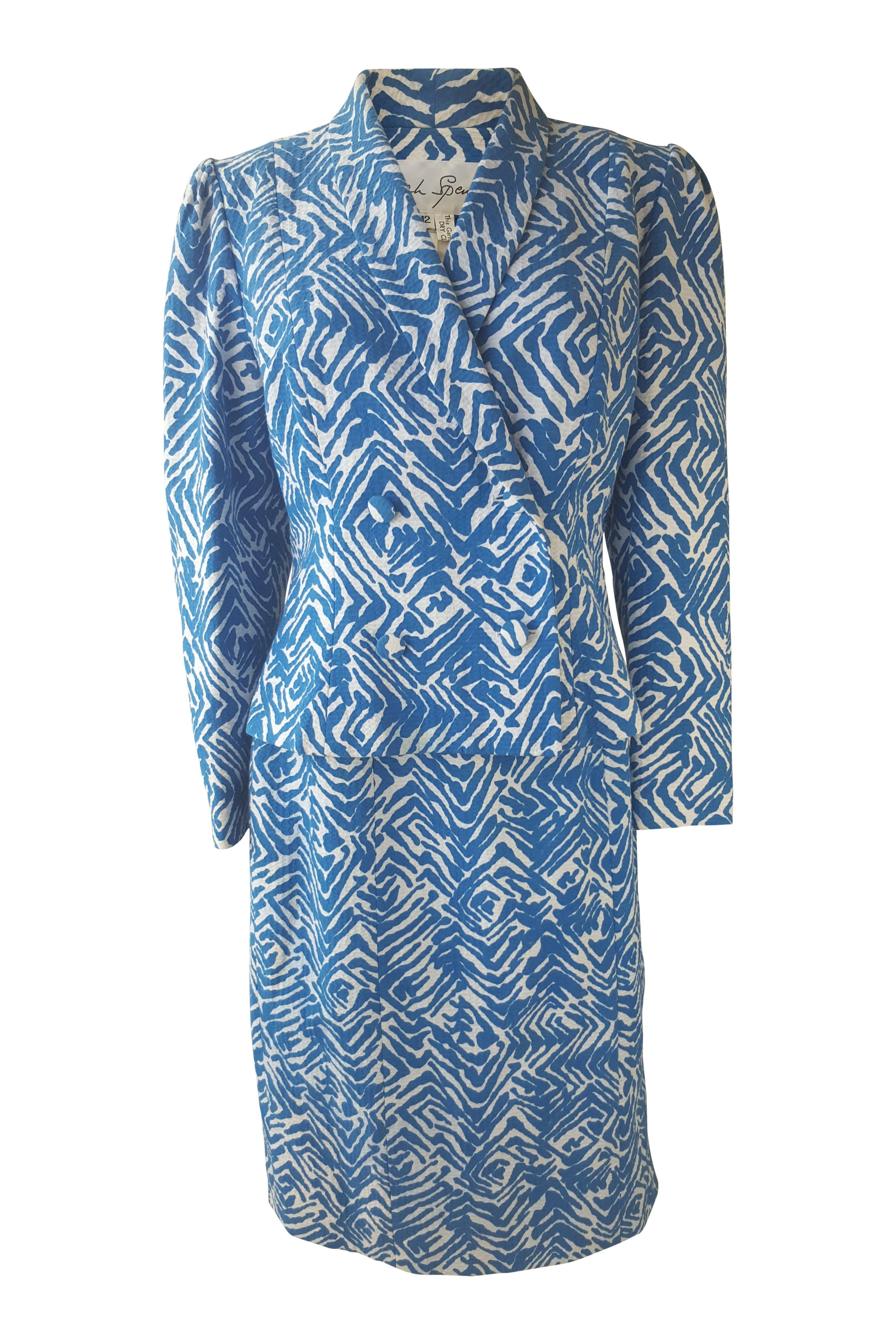 SARAH SPENCER Vintage Blue White Abstract Print Skirt Suit (12)