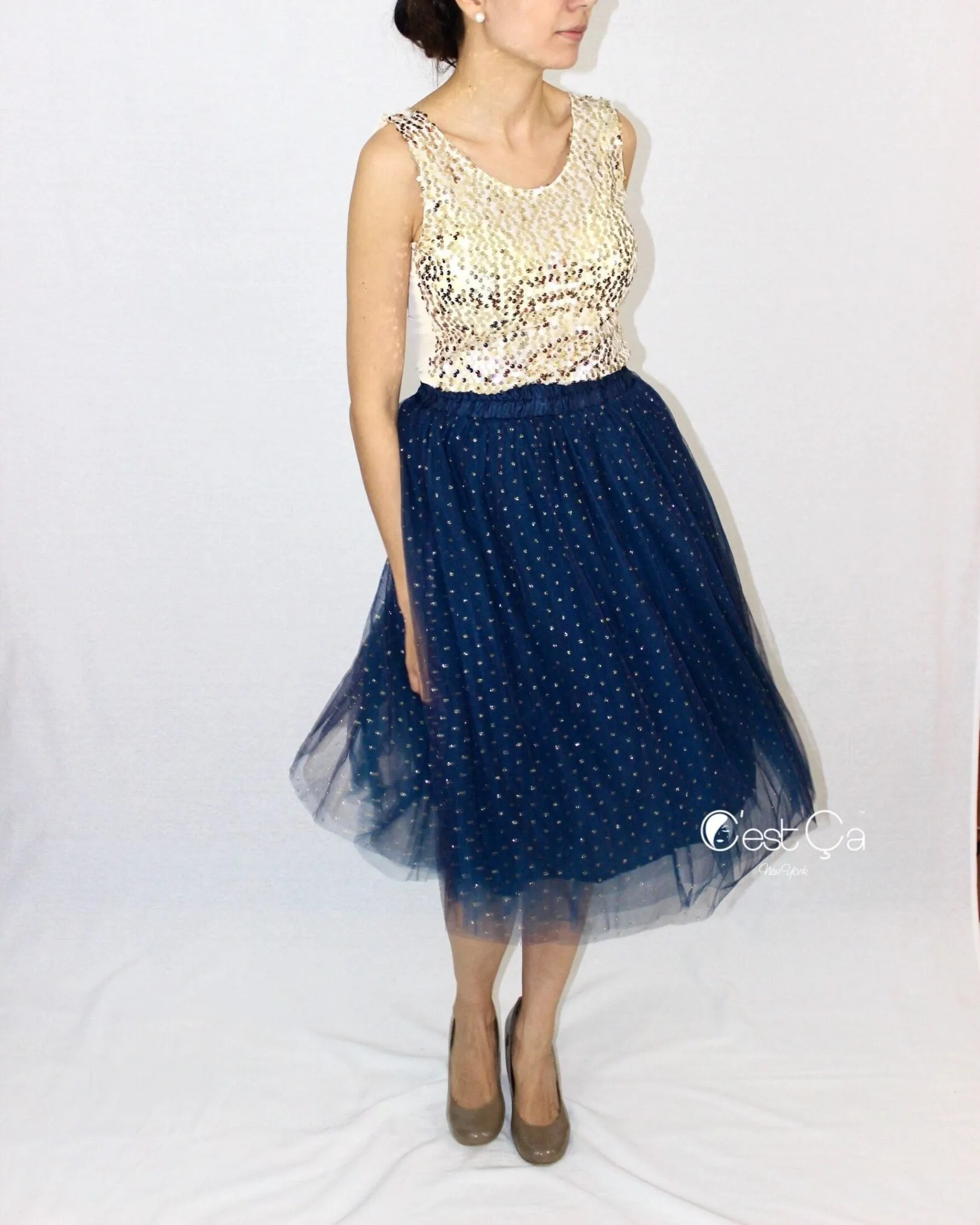 Selma Navy Polka Dot Tulle Skirt - Midi