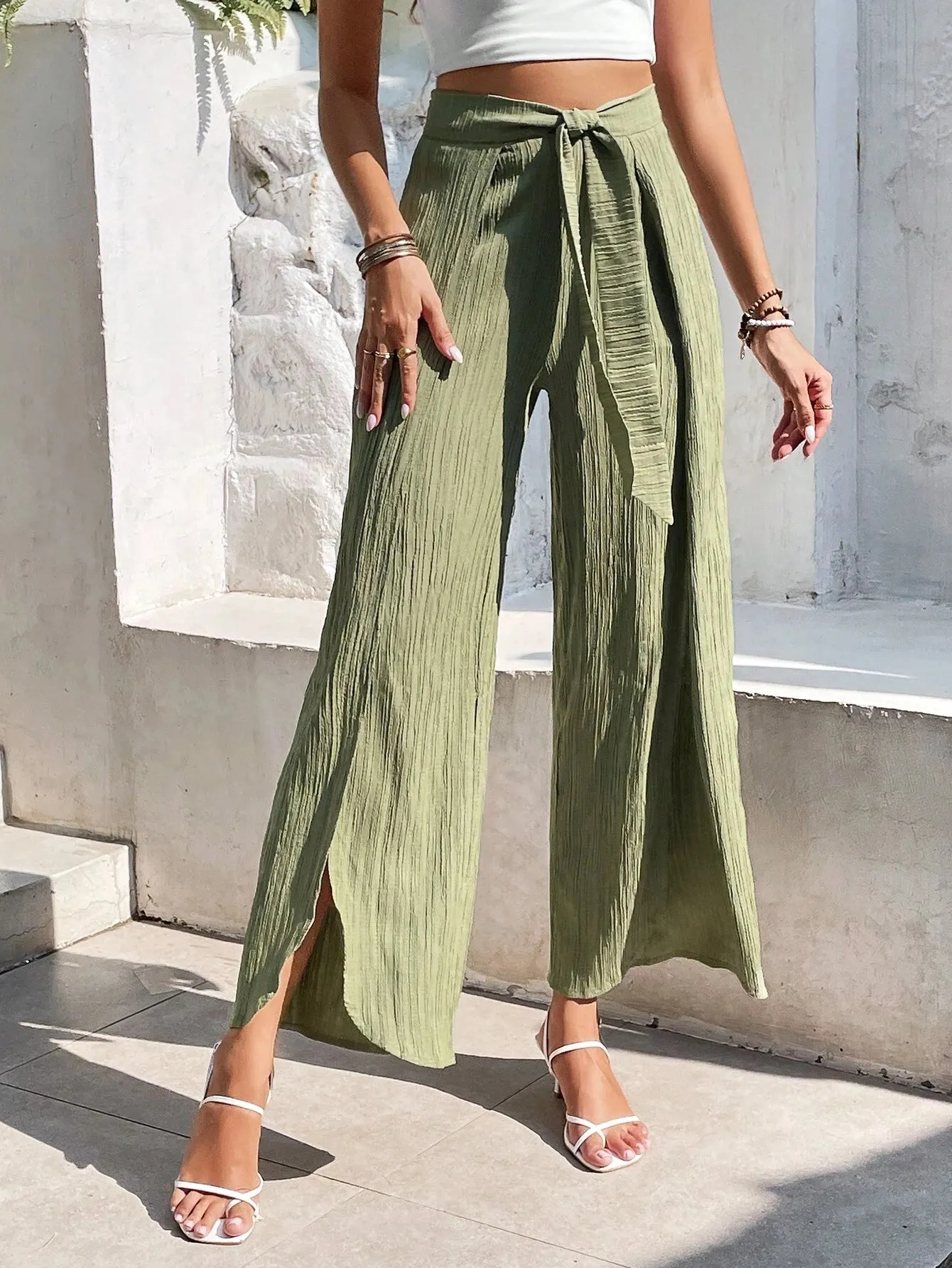 SHEIN Frenchy Split Thigh Belted Wide Leg Pants