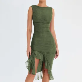 Simple Ruched Asymmetrical Midi Dress