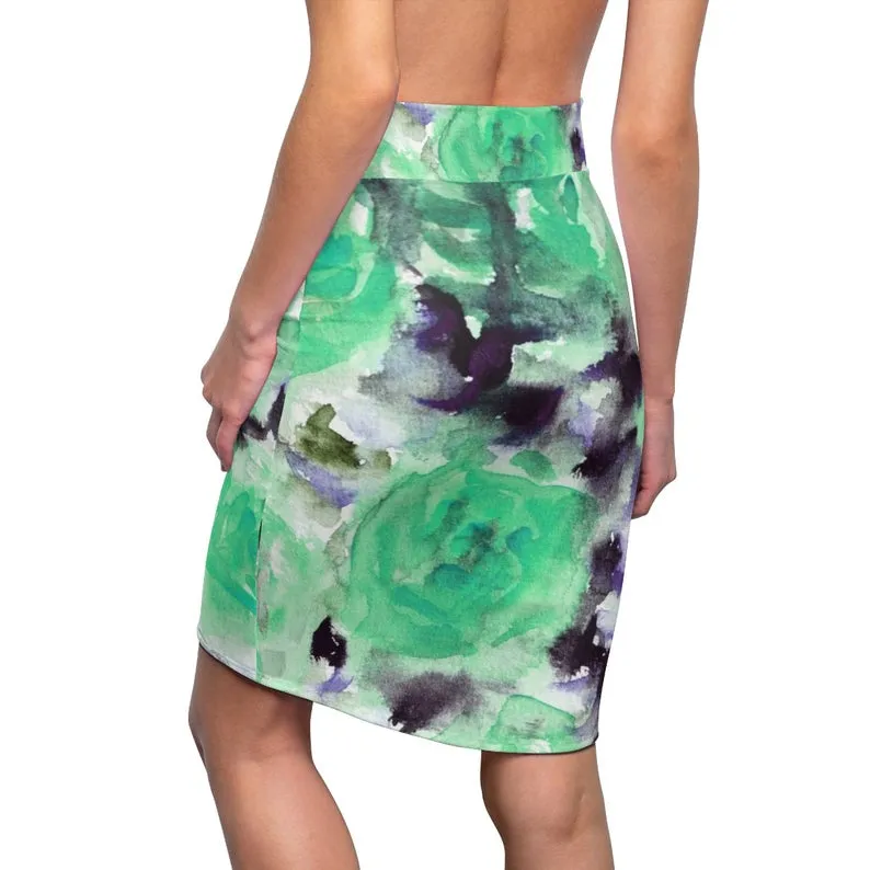 Snowy Rose Blue Floral Skirt, Best Floral Print Women's Designer Pencil Skirt - Made in USA (Size XS-2XL)