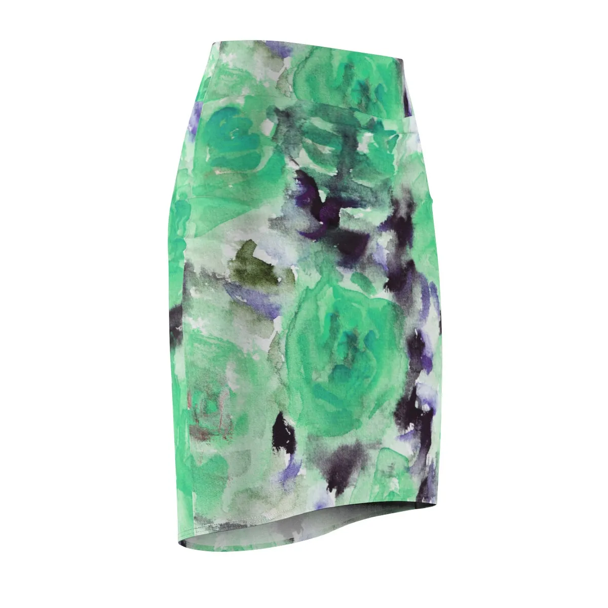 Snowy Rose Blue Floral Skirt, Best Floral Print Women's Designer Pencil Skirt - Made in USA (Size XS-2XL)