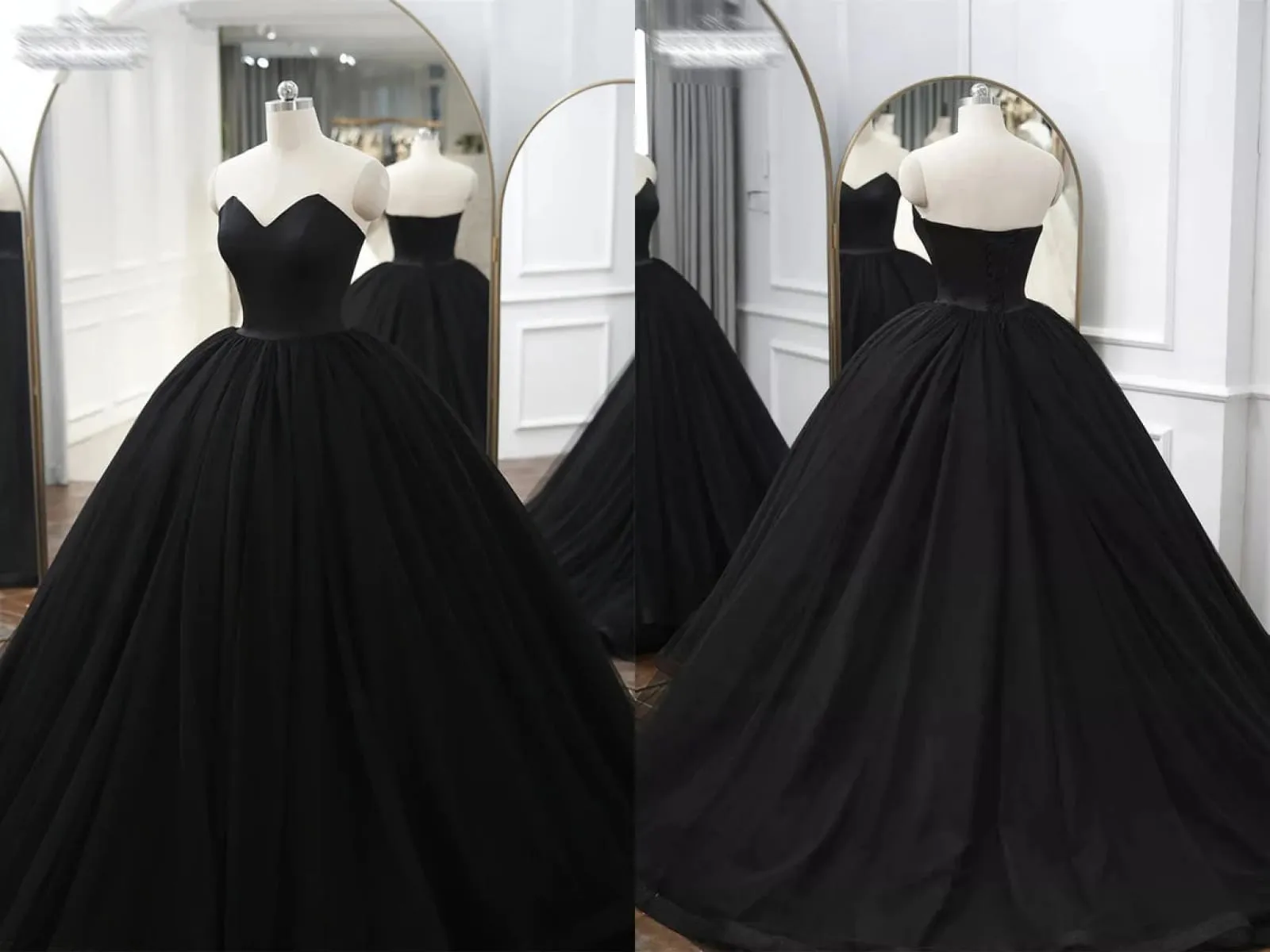 Strapless Sweetheart Black Satin Tulle Court Ball Gown Wedding Dress