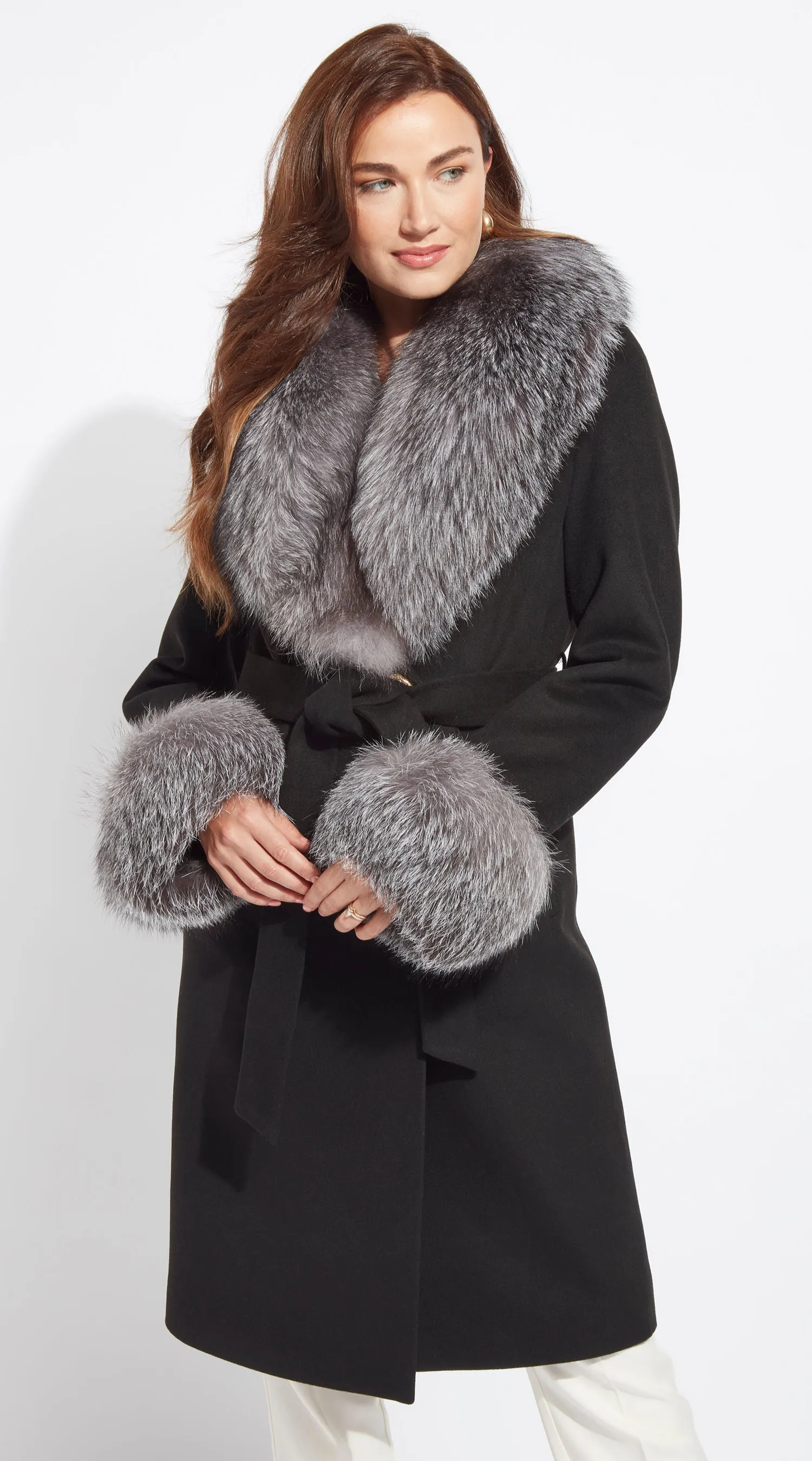 Supreme Luxy Cashmere & Fox Fur Belted Coat - Black & Silver