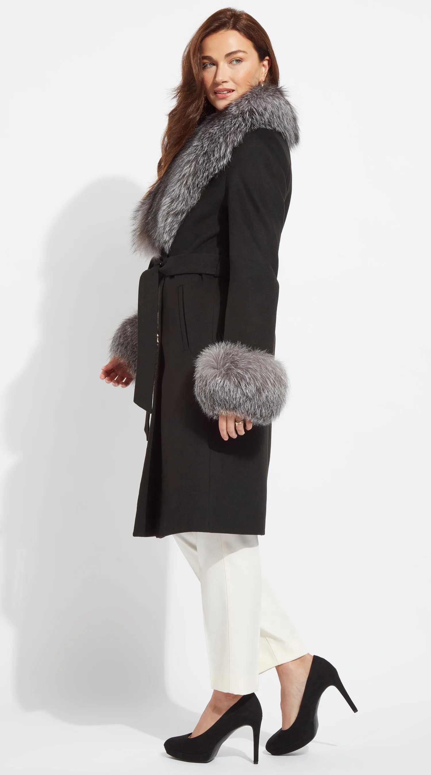 Supreme Luxy Cashmere & Fox Fur Belted Coat - Black & Silver