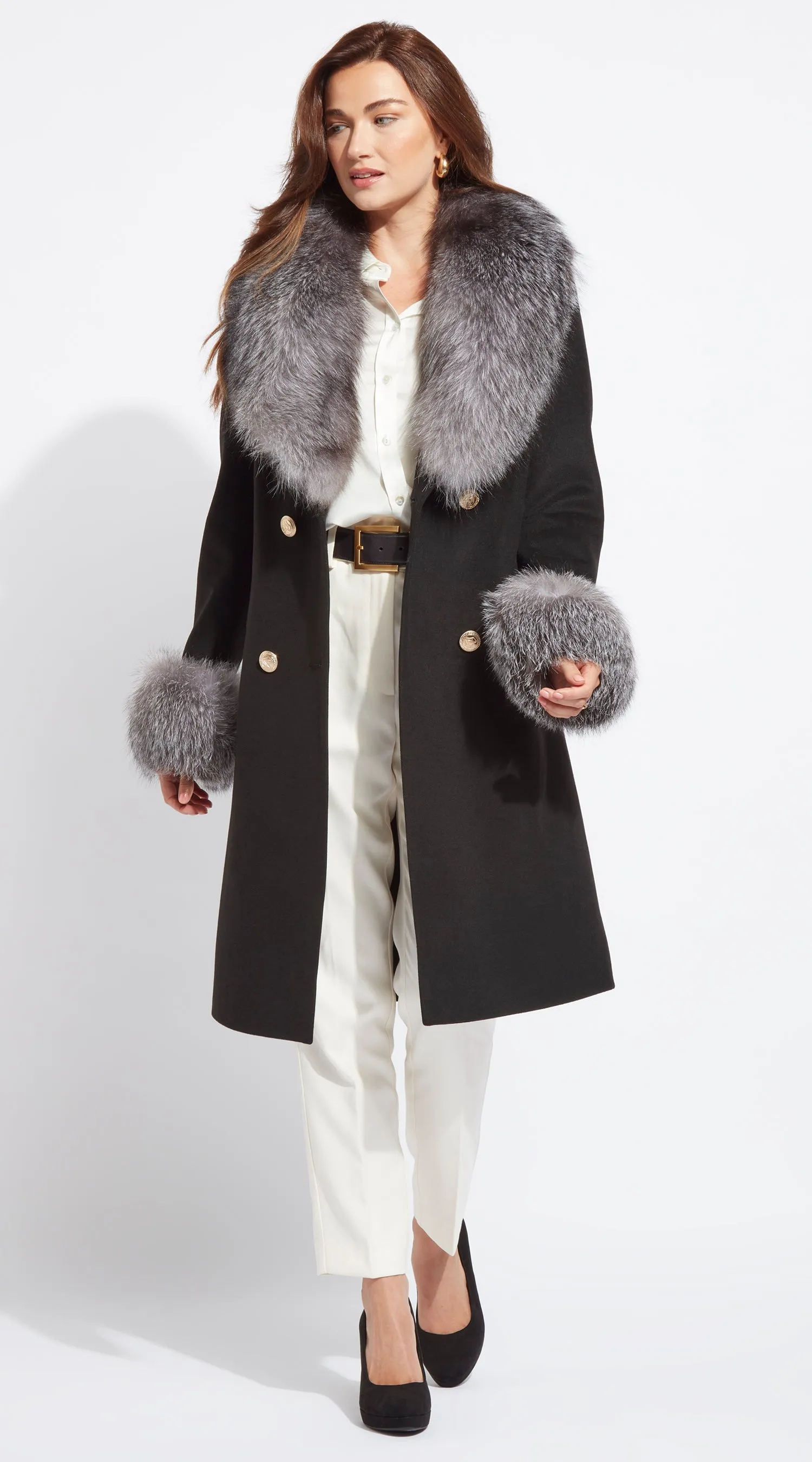 Supreme Luxy Cashmere & Fox Fur Belted Coat - Black & Silver