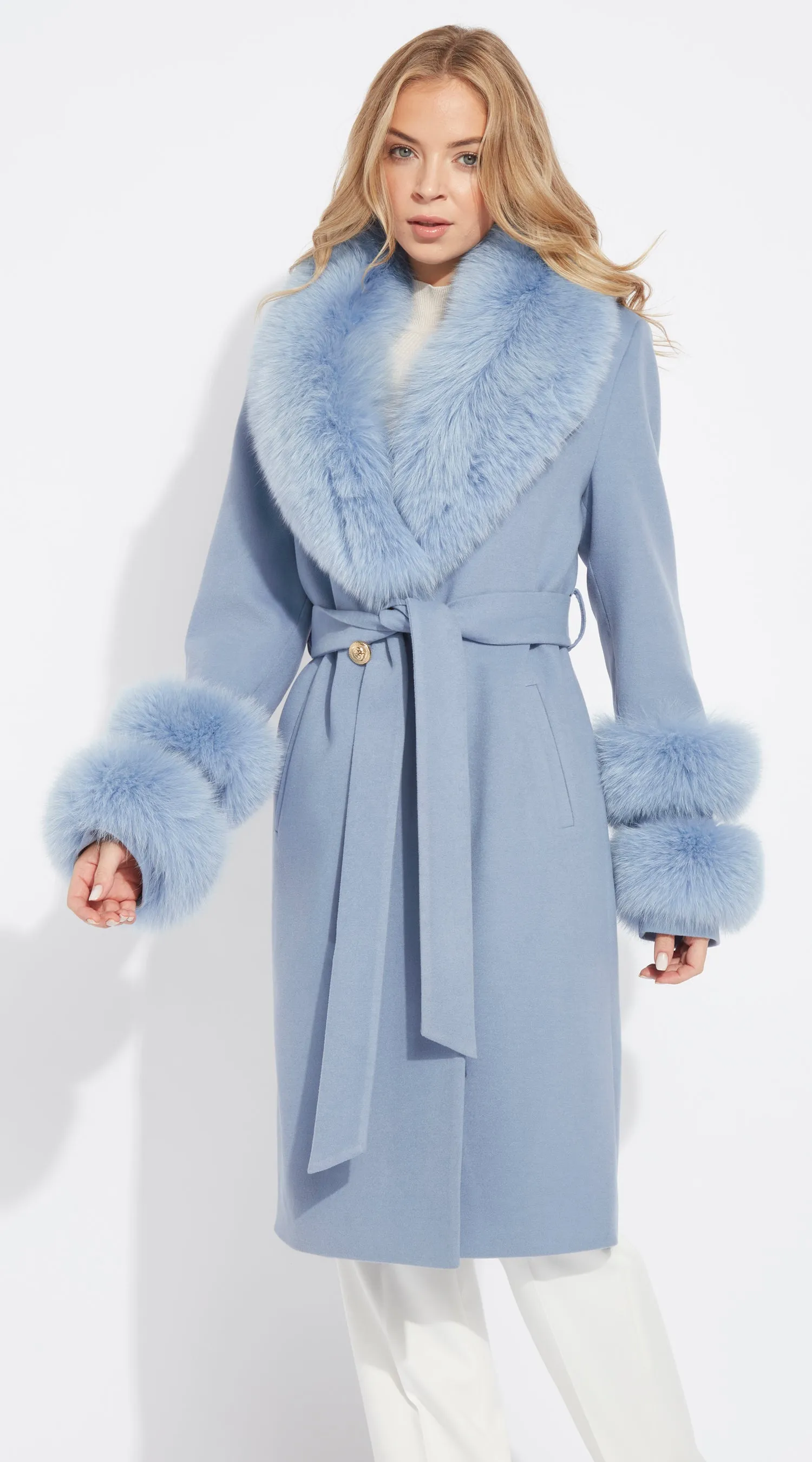 Supreme Luxy Cashmere & Fox Fur Belted Coat - Blue