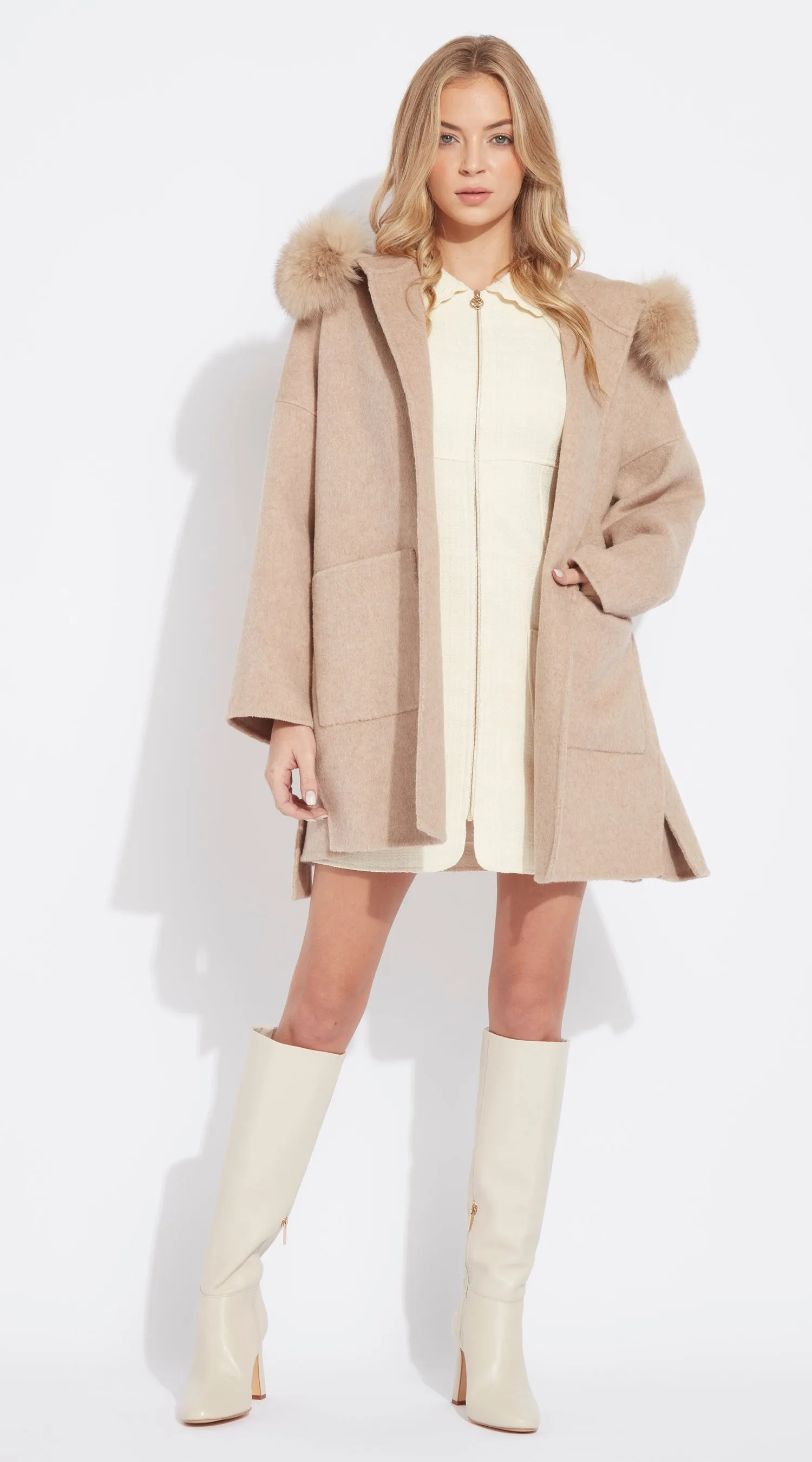 The London Cashmere & Fox Fur Belted Coat - Golden Beige