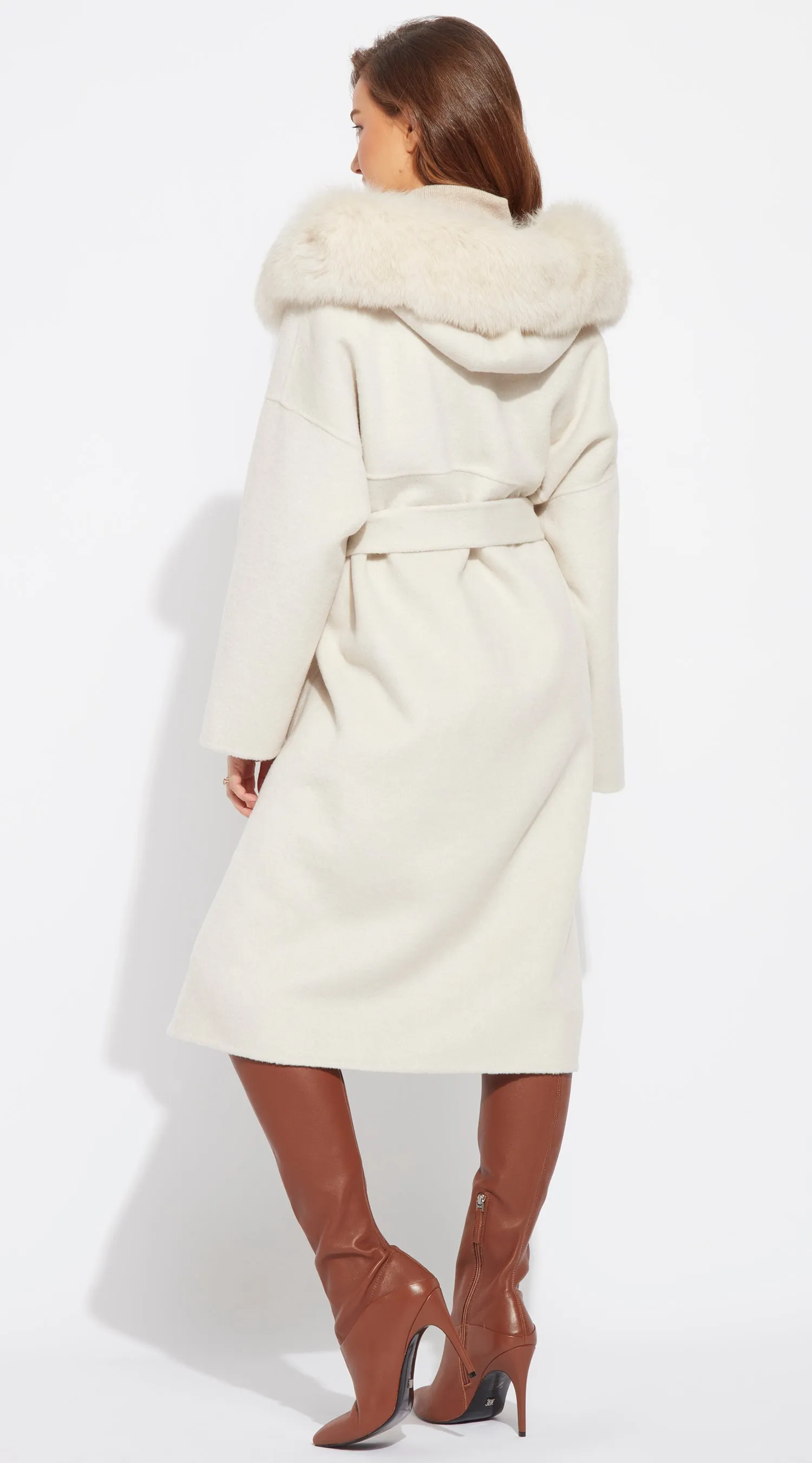 The Midi London Cashmere & Fox Fur Belted Coat - Buttermilk