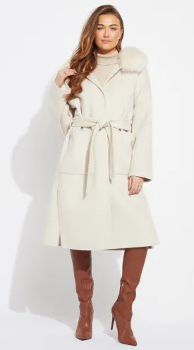 The Midi London Cashmere & Fox Fur Belted Coat - Buttermilk