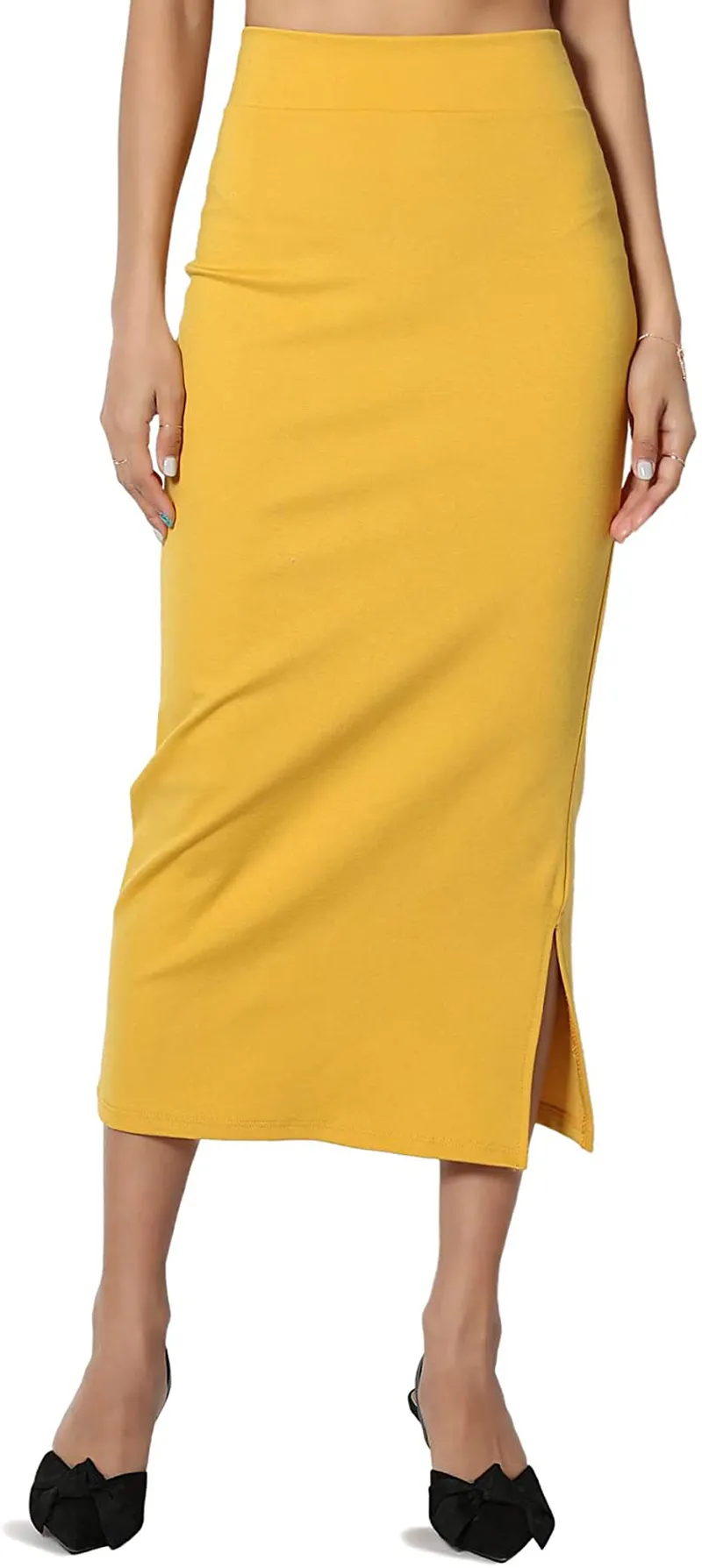 TheMogan S~XL Side Slit High Waist Stretch Ponte Knit Mid Calf Long Pencil Skirt