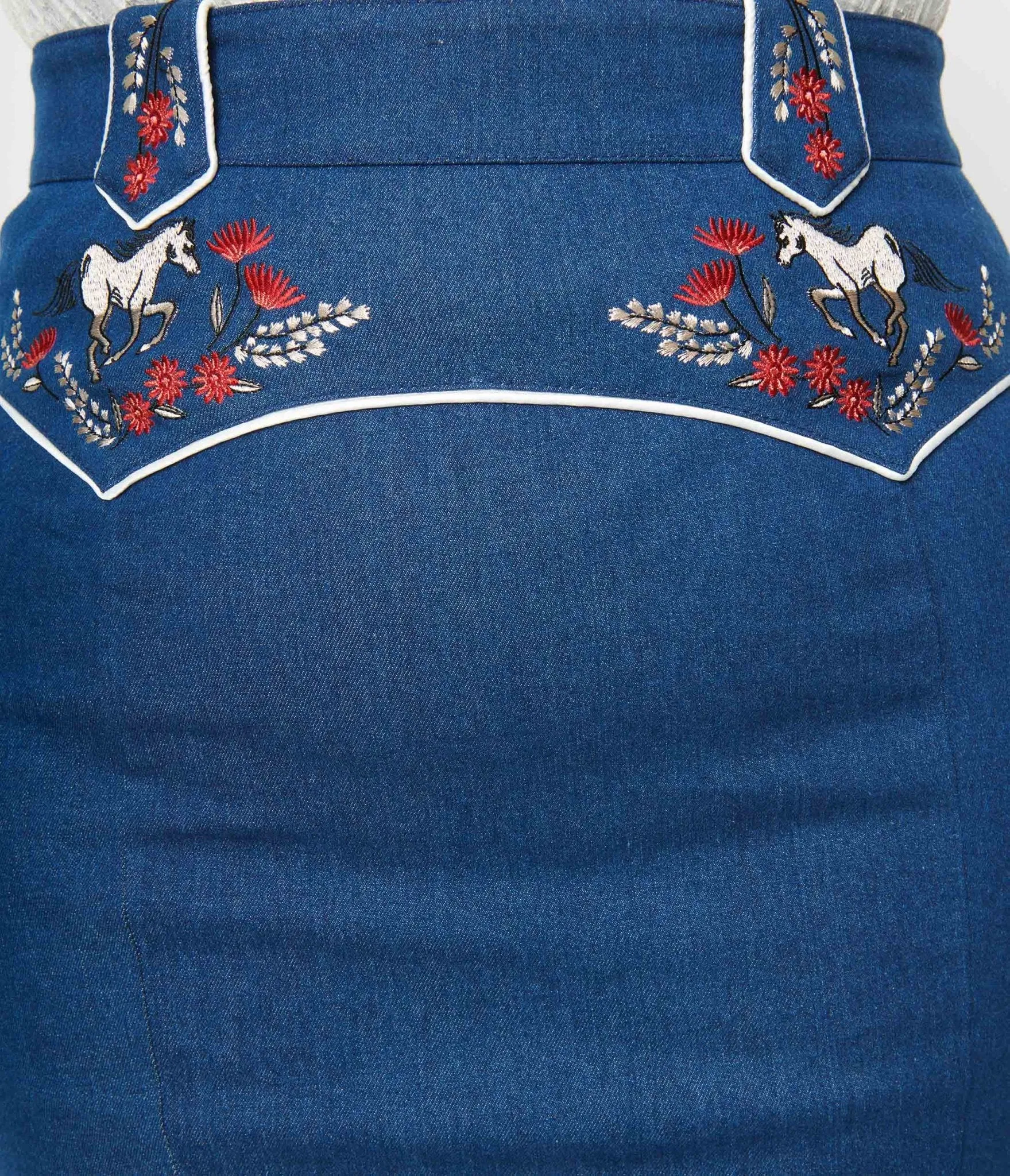 Unique Vintage Plus Size Blue Denim Western Embroidered Wiggle Skirt