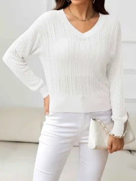 V-Neck Long Sleeve Eyelet Knit Top - Stylish & Comfortable