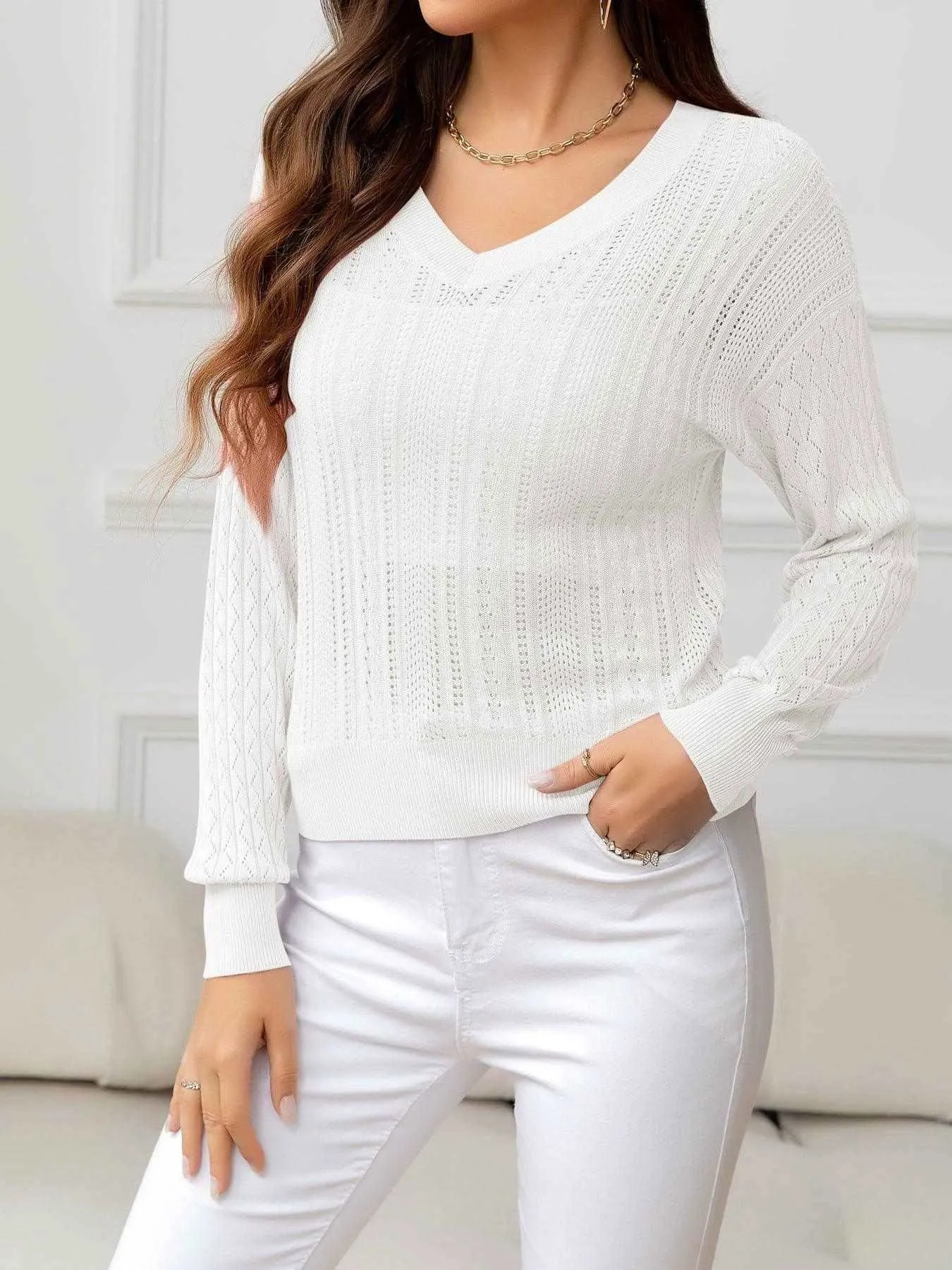 V-Neck Long Sleeve Eyelet Knit Top - Stylish & Comfortable