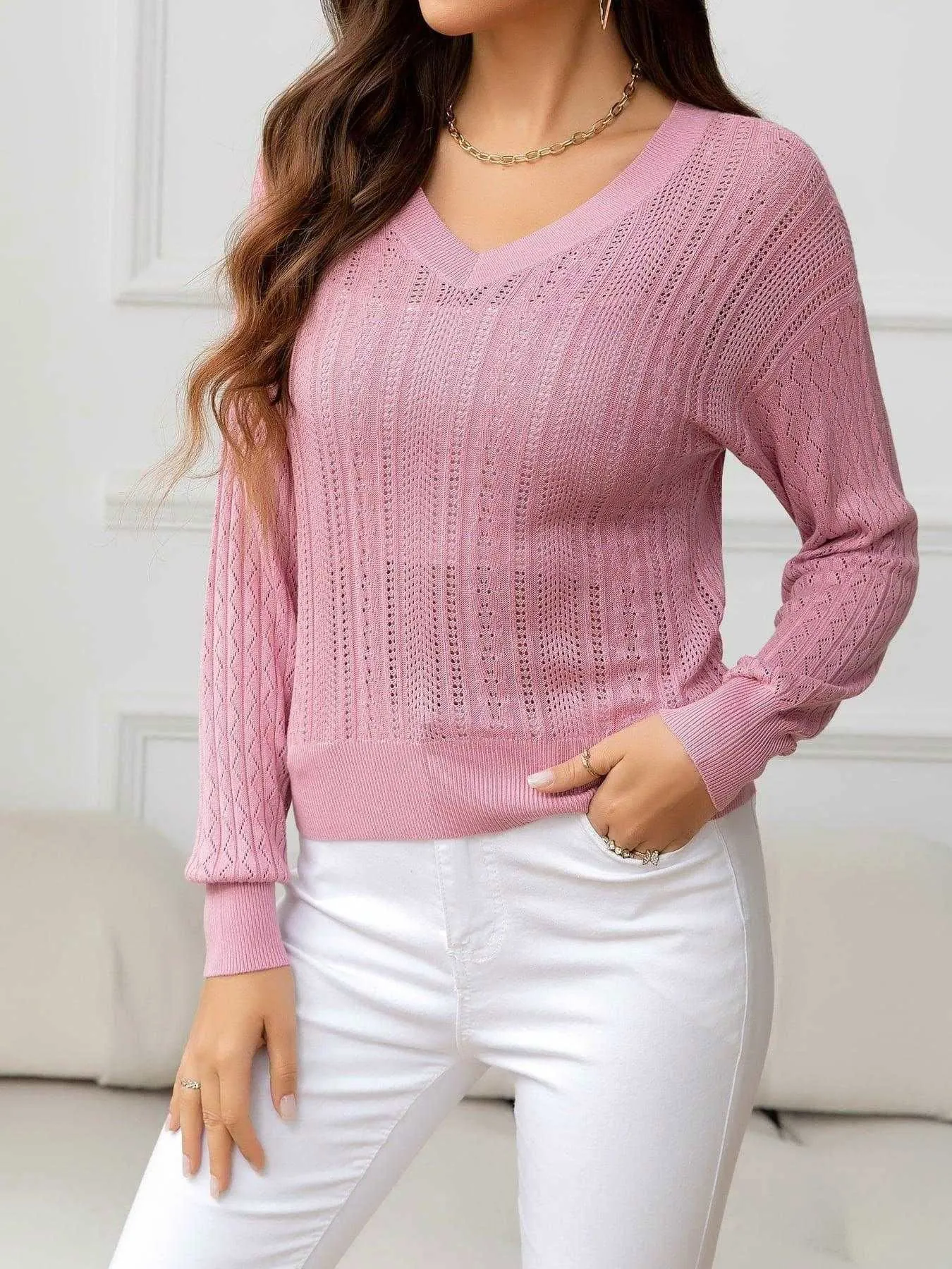 V-Neck Long Sleeve Eyelet Knit Top - Stylish & Comfortable