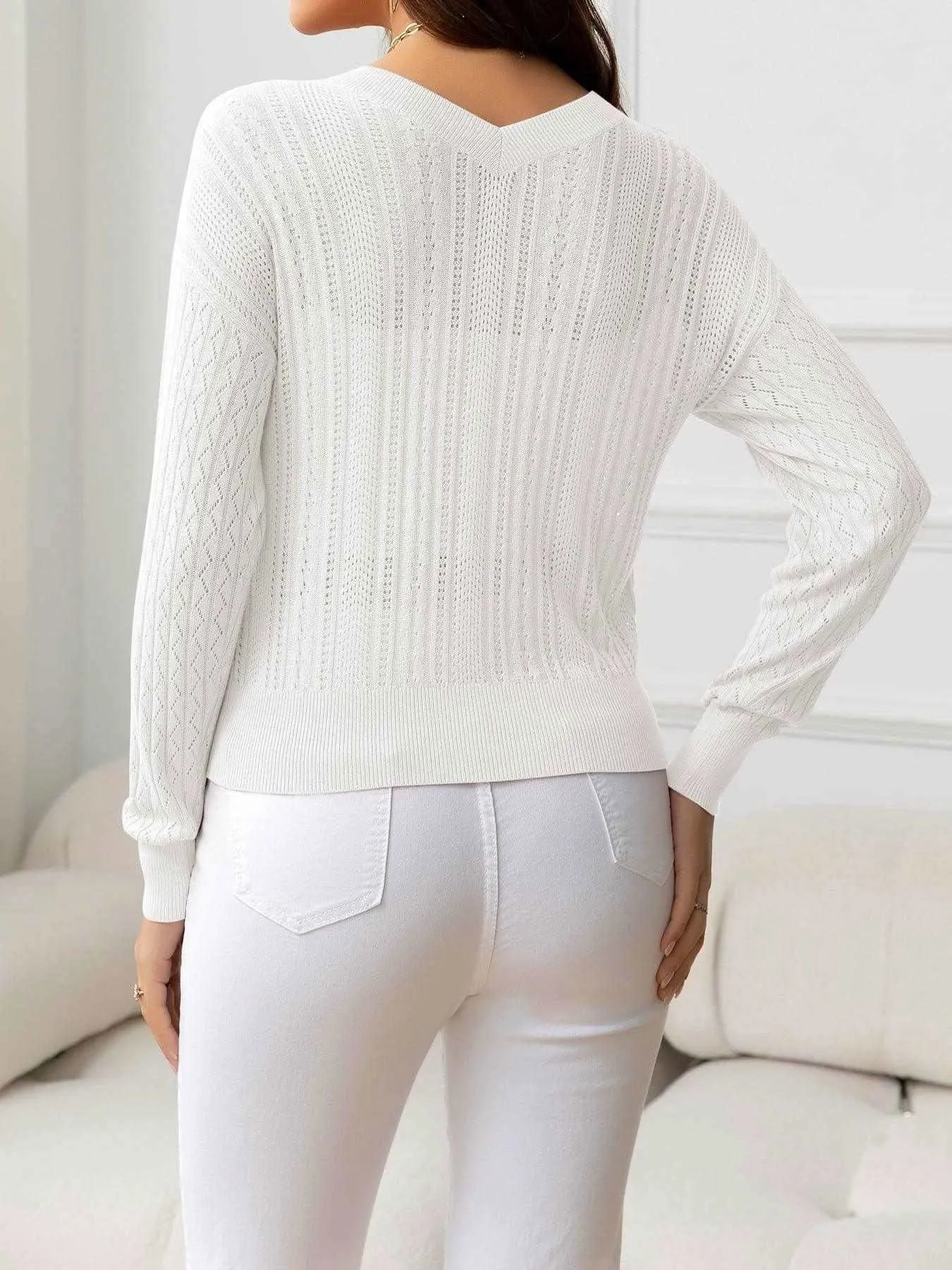 V-Neck Long Sleeve Eyelet Knit Top - Stylish & Comfortable