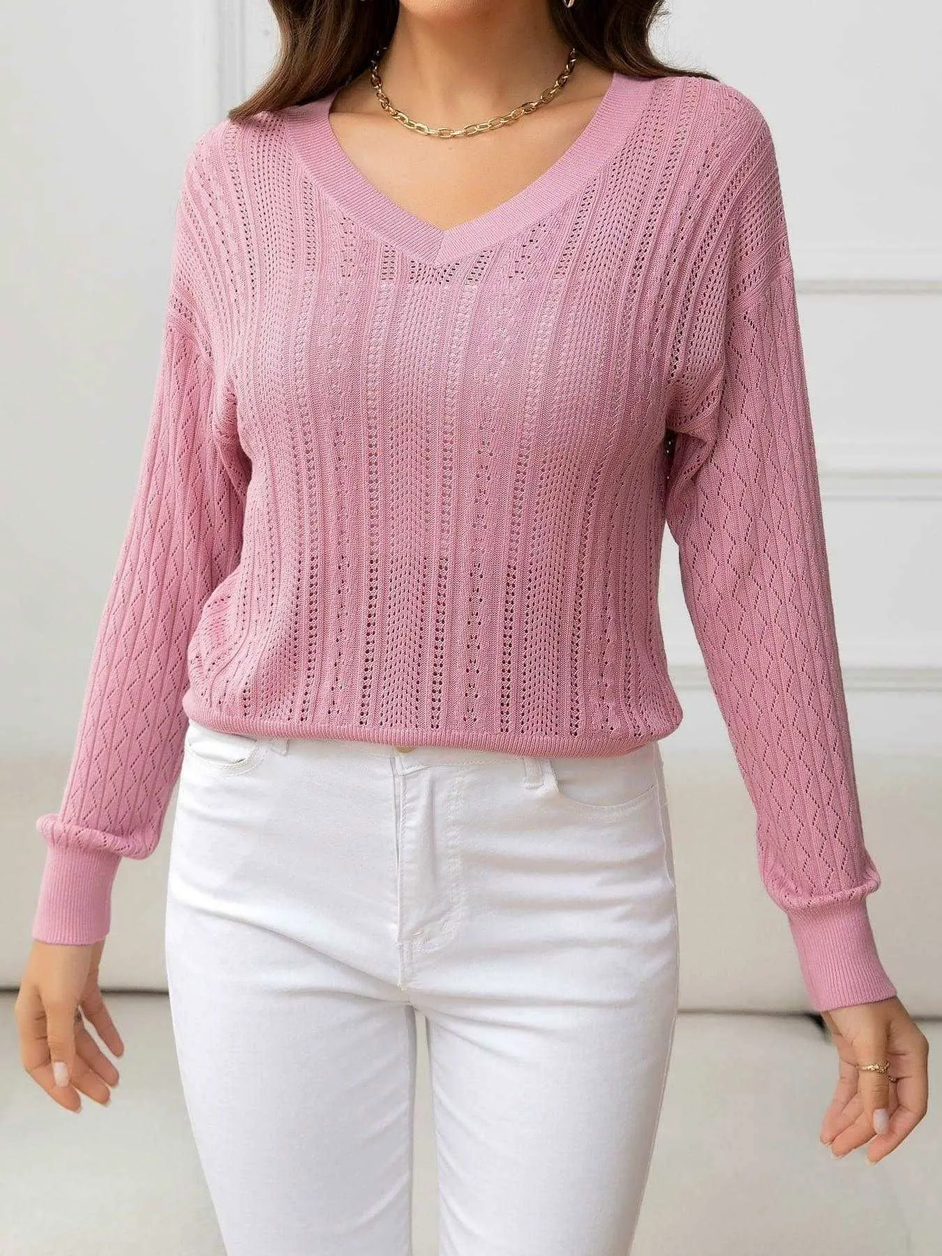 V-Neck Long Sleeve Eyelet Knit Top - Stylish & Comfortable