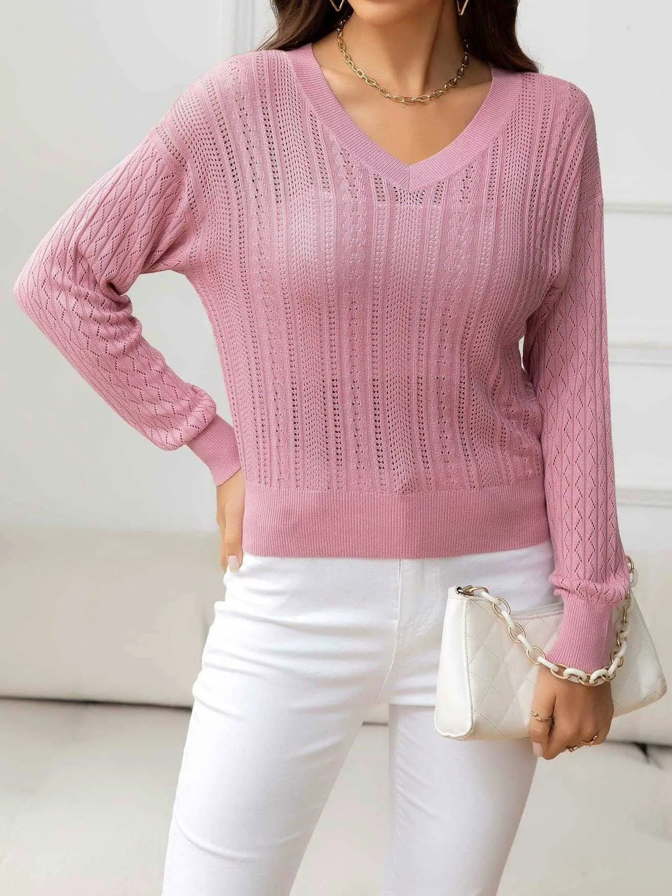 V-Neck Long Sleeve Eyelet Knit Top - Stylish & Comfortable