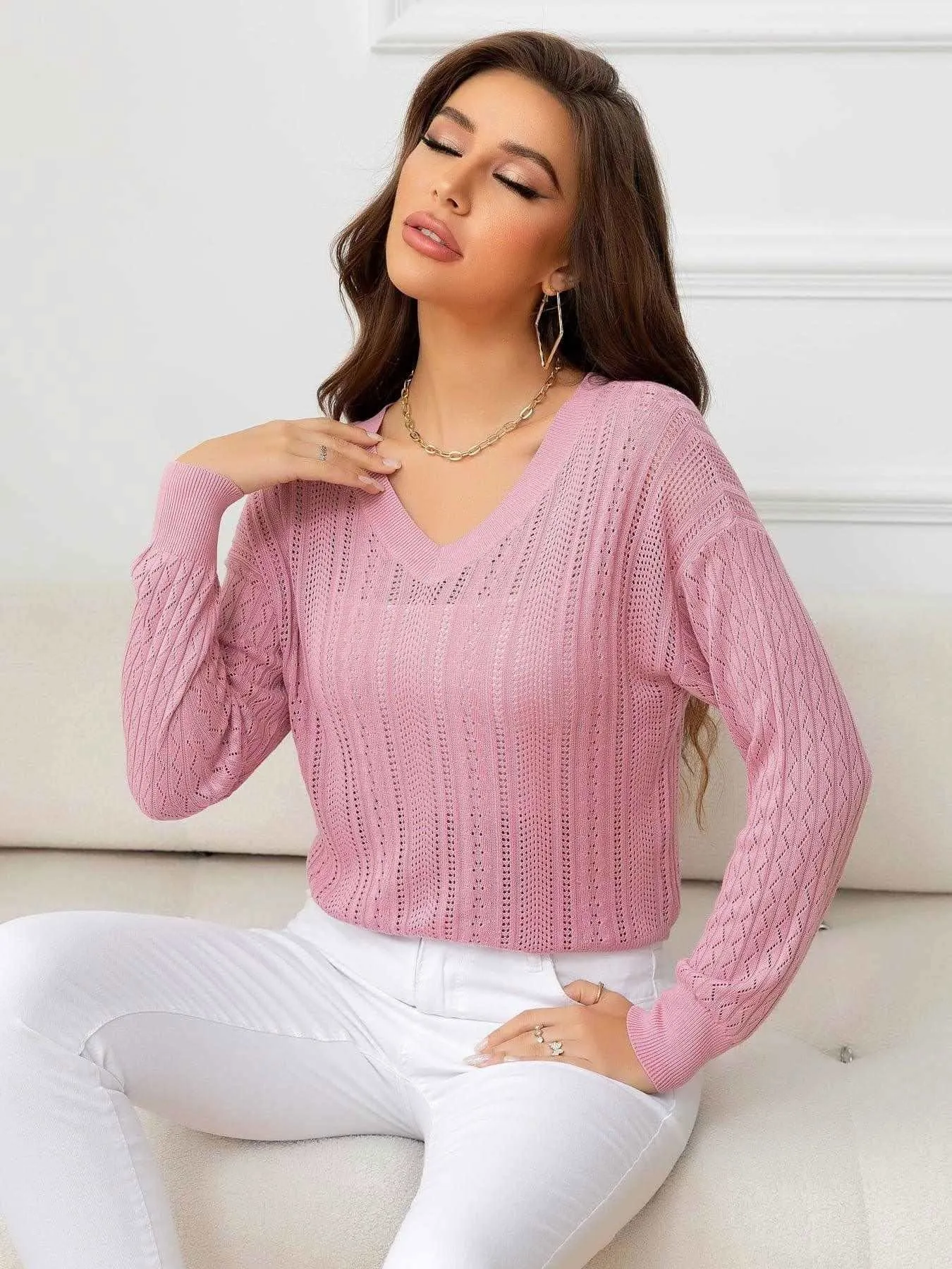 V-Neck Long Sleeve Eyelet Knit Top - Stylish & Comfortable