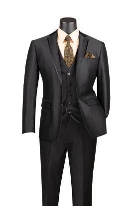 Vinci Slim Fit 3 Piece Satin Suit Black SV2D-1