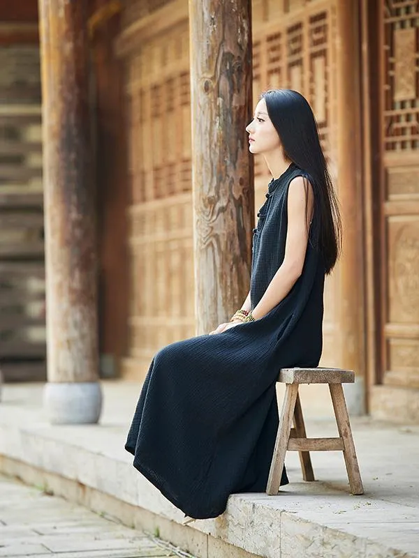 Vintage Black Ramie Cotton Sleeveless Linen Dress