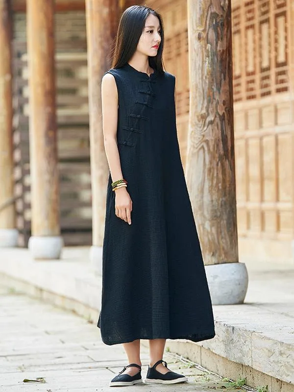 Vintage Black Ramie Cotton Sleeveless Linen Dress