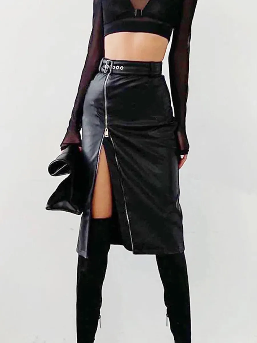 Vintage Streetwear PU Leather High Waist Pencil Skirt - Zipper High Split Midi Skirt with Belt for Women