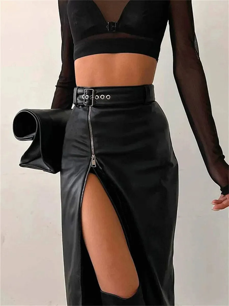 Vintage Streetwear PU Leather High Waist Pencil Skirt - Zipper High Split Midi Skirt with Belt for Women