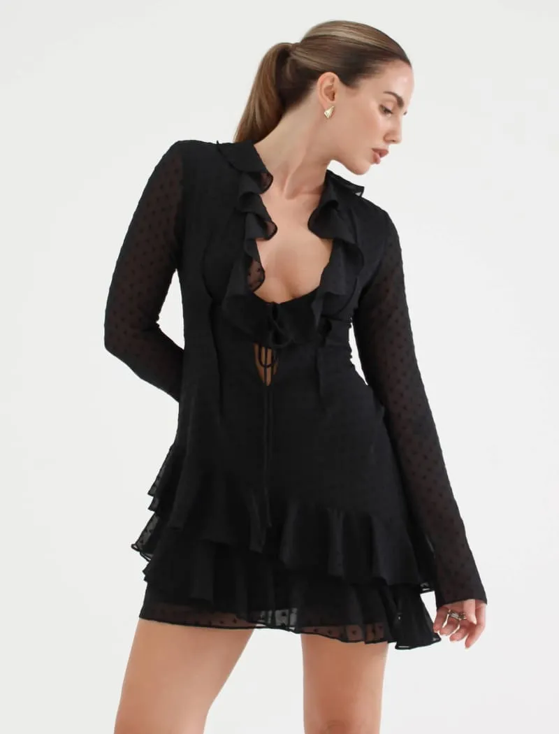 Waterfall Mini Dress | Black Clip Dot