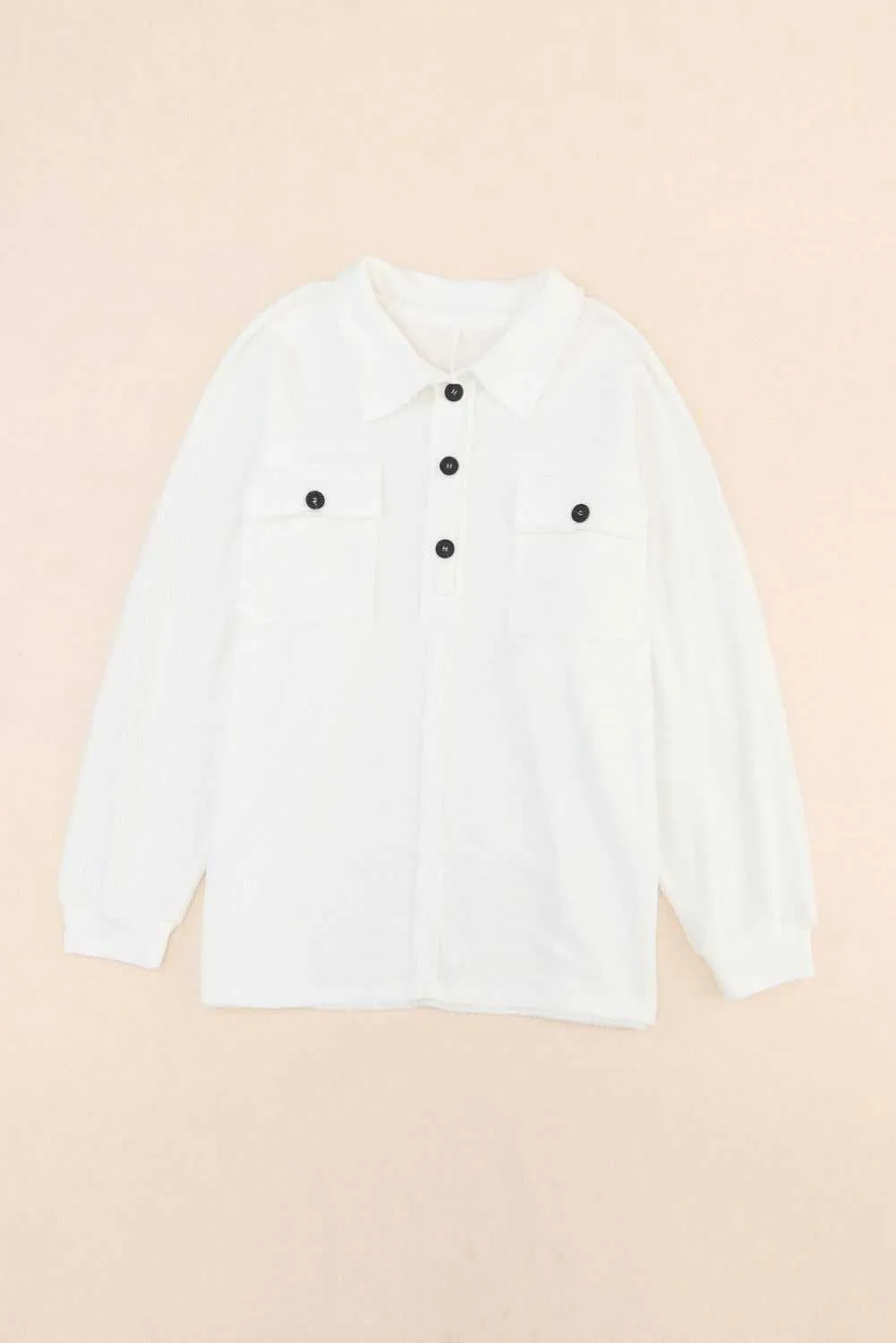 White Plus Size Long Sleeve Flap Pocket Henley Top