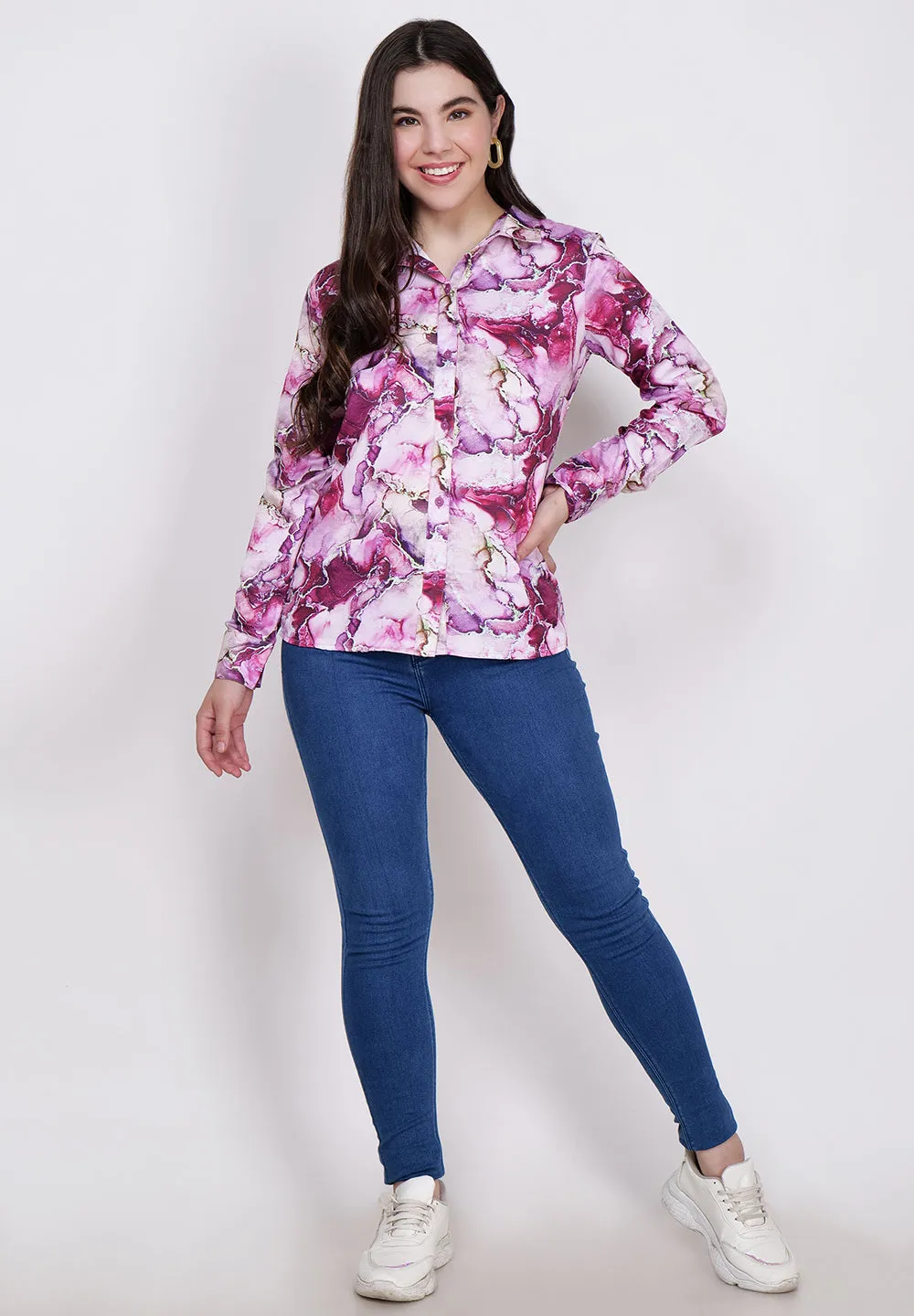 Women Classic Abstract Printed Pink Casual Shirt