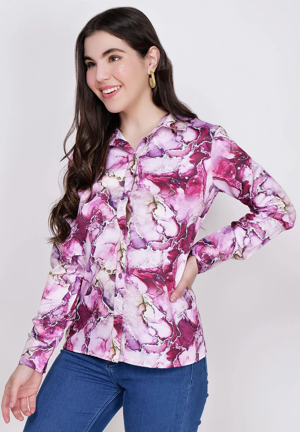 Women Classic Abstract Printed Pink Casual Shirt