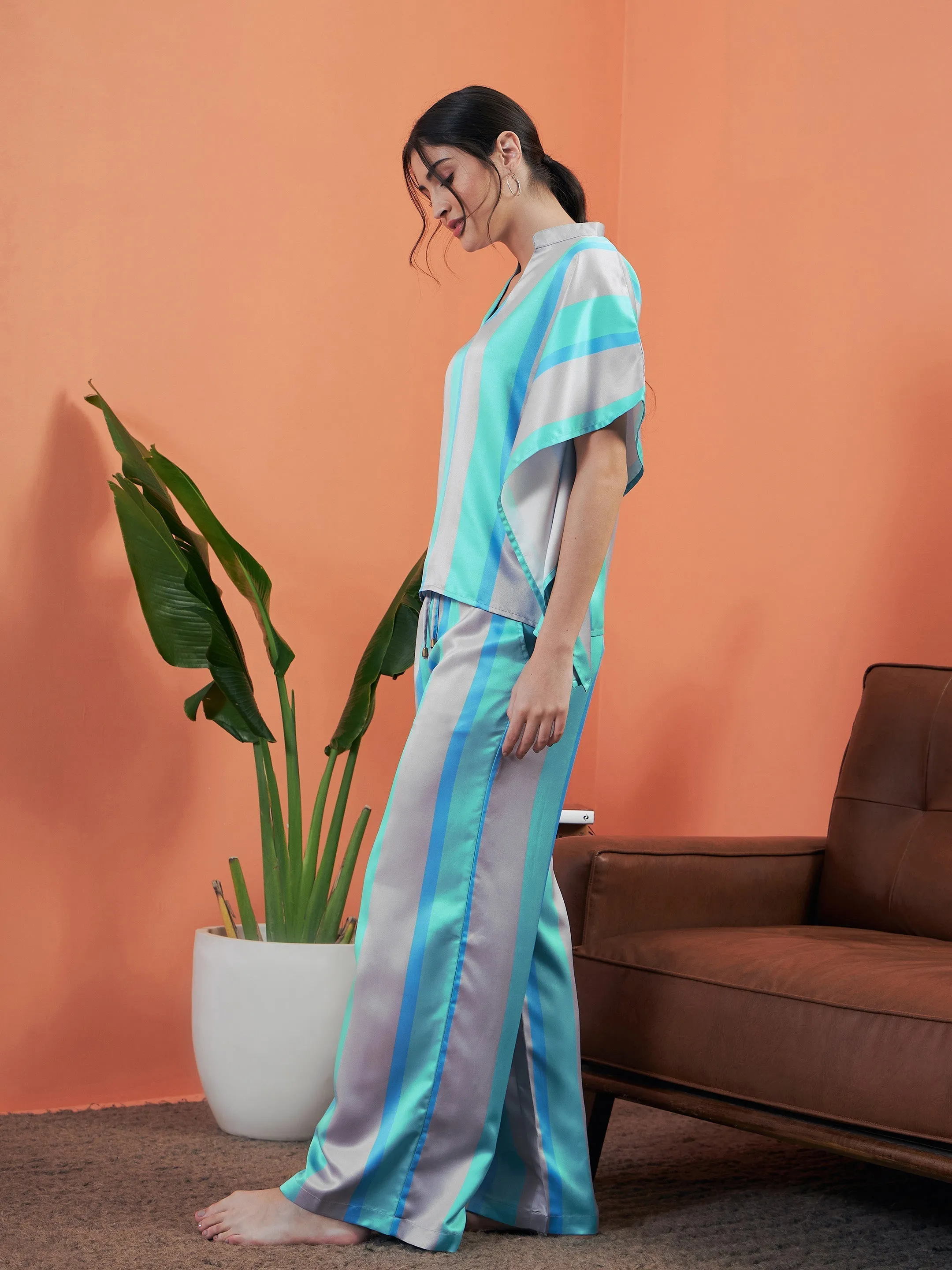 Women Sea Green Satin Stripe Kaftan Top With Lounge Pants