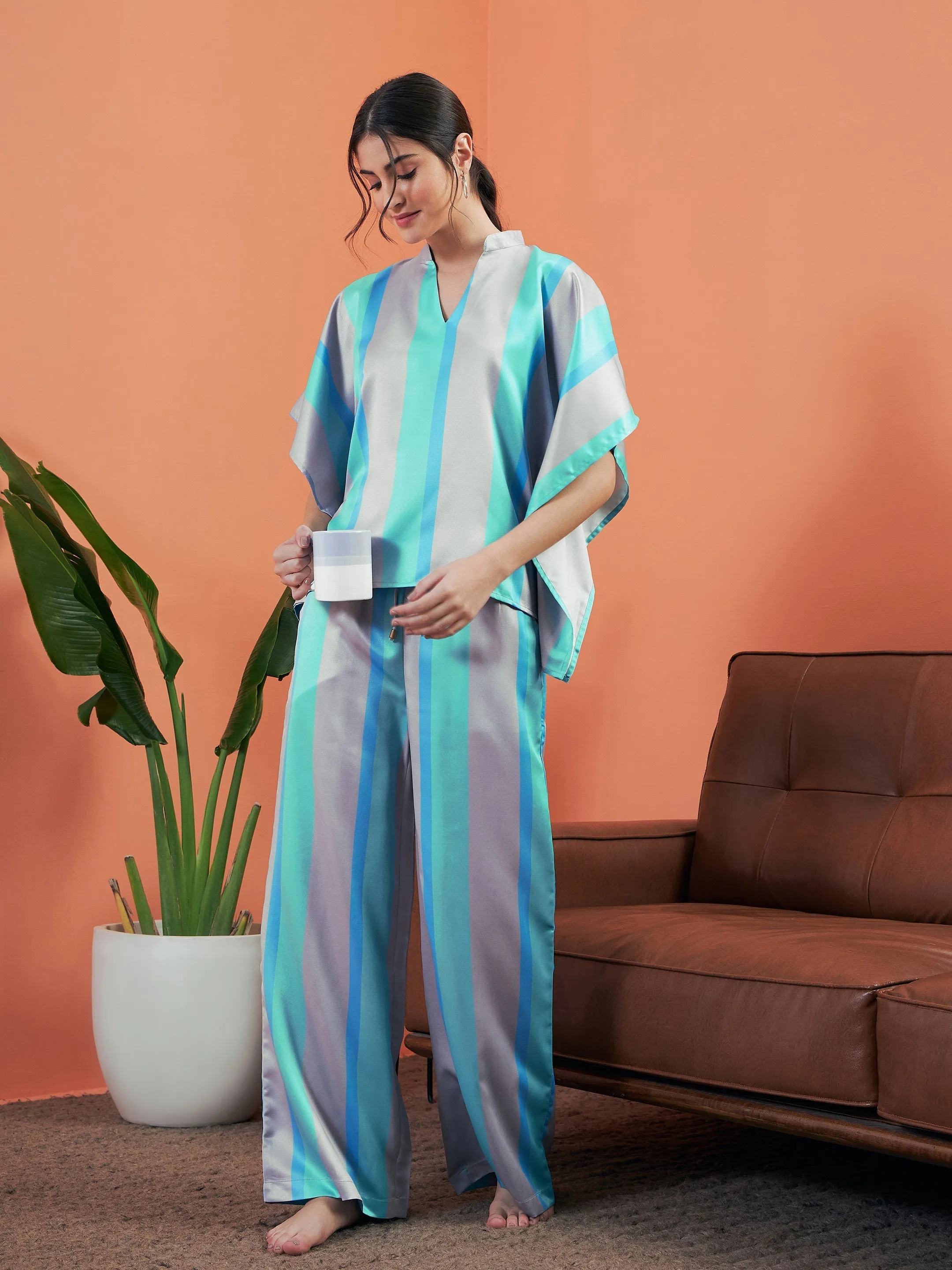 Women Sea Green Satin Stripe Kaftan Top With Lounge Pants