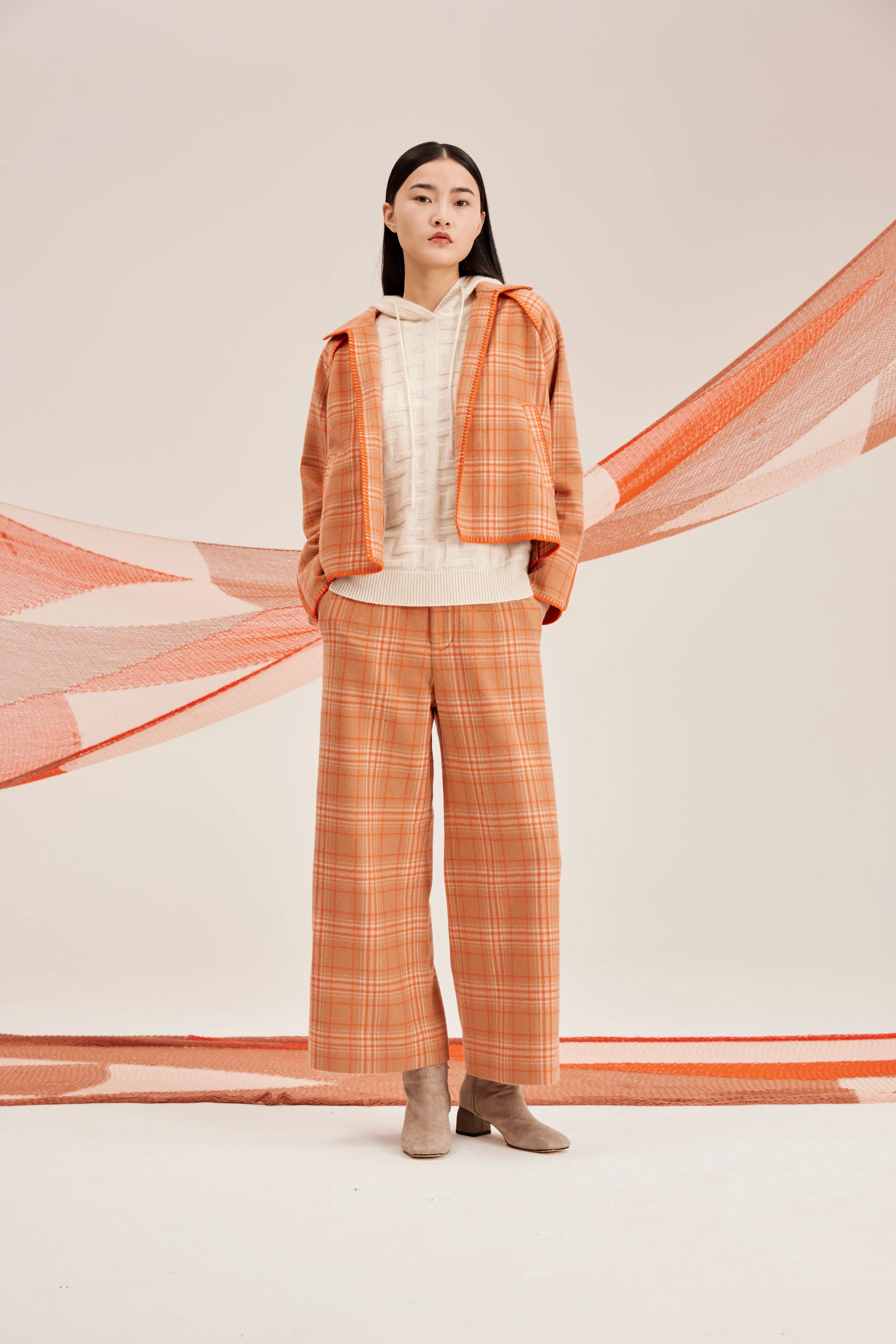 Women's check-pattern cashmere coat