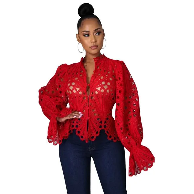 Womens Elegant Long Sleeve Hollow Cut Out Mesh Lace Shirt