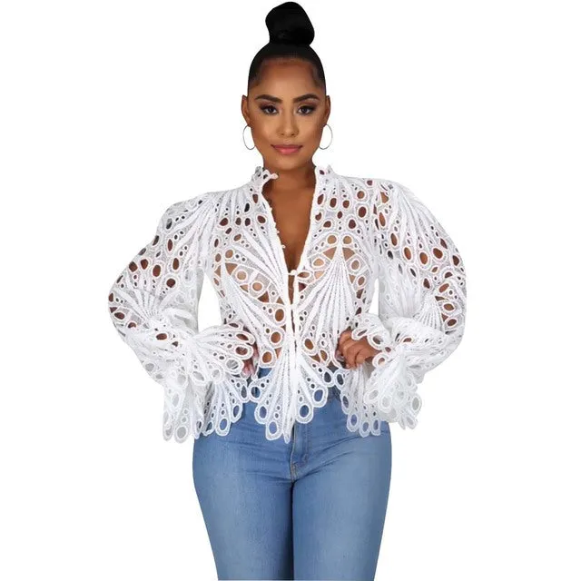 Womens Elegant Long Sleeve Hollow Cut Out Mesh Lace Shirt