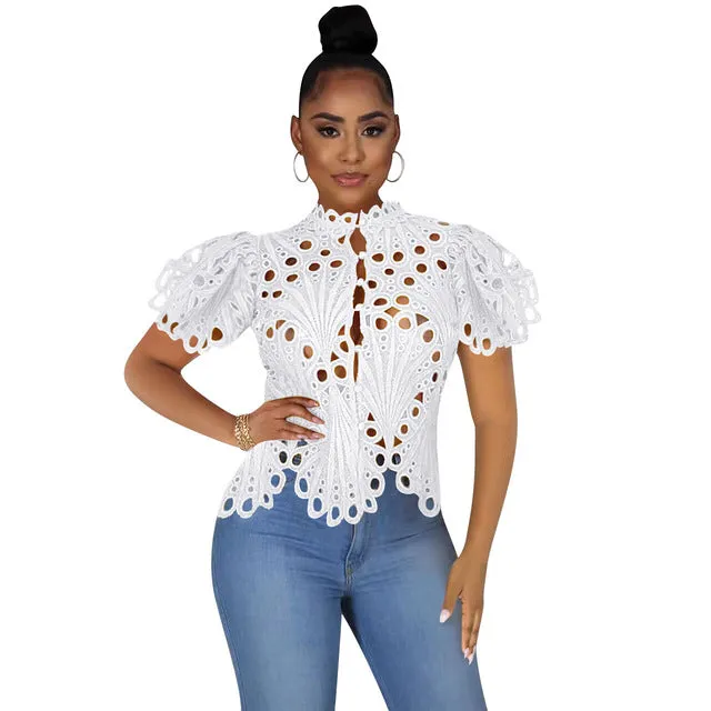 Womens Elegant Long Sleeve Hollow Cut Out Mesh Lace Shirt