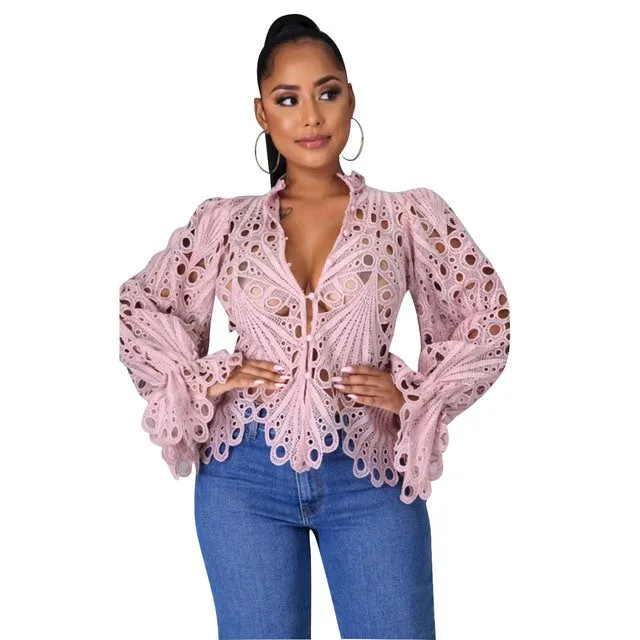 Womens Elegant Long Sleeve Hollow Cut Out Mesh Lace Shirt