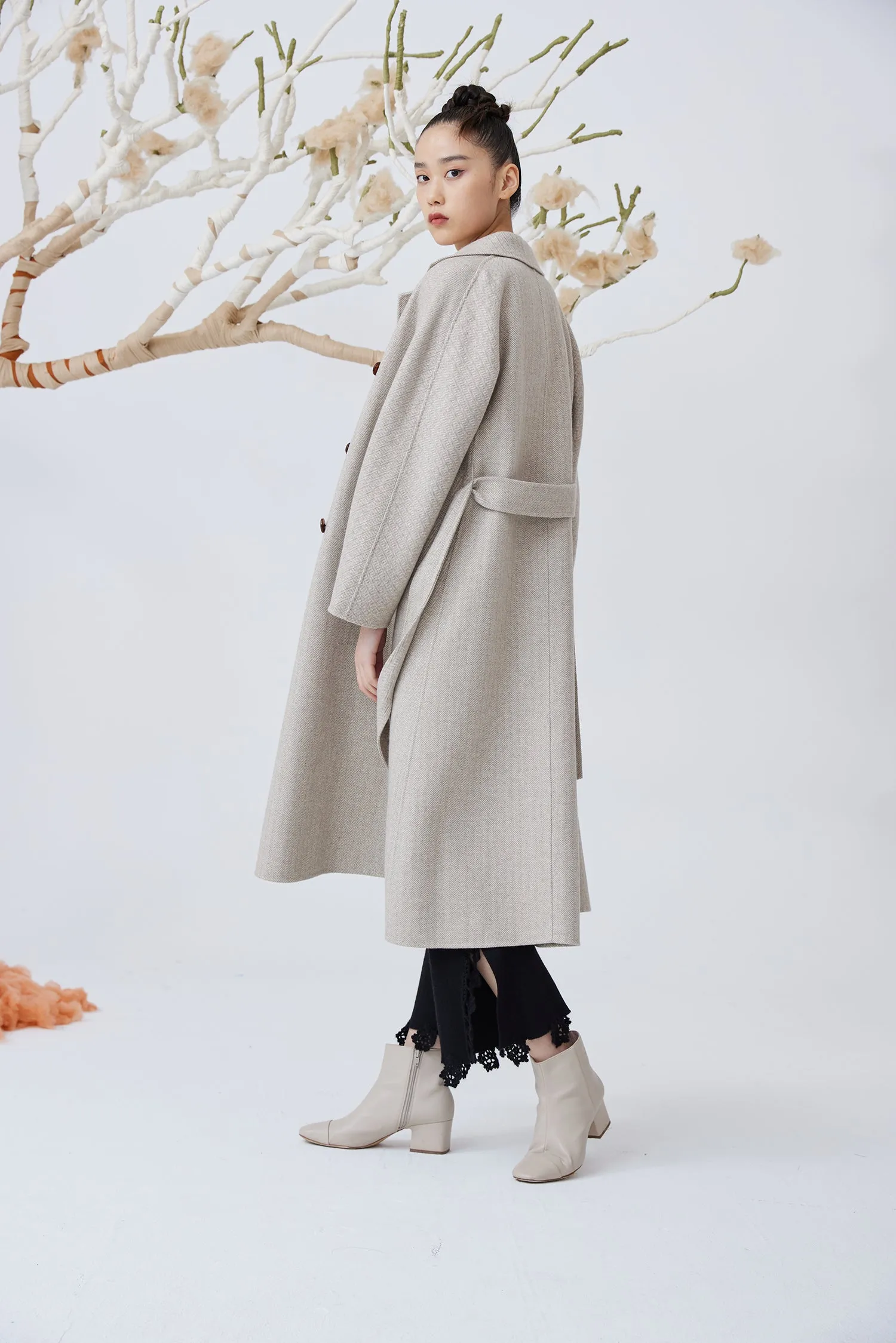 Women's herringbone cashmere long coat