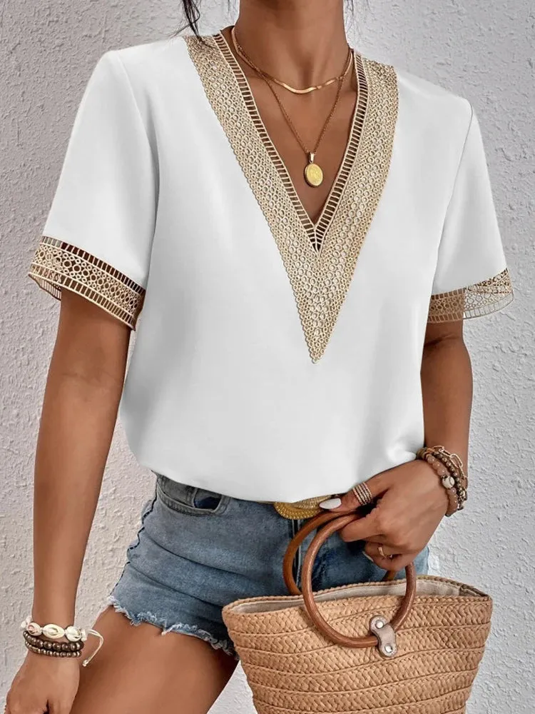 Womens Lace V-Neck Short-Sleeved Loose Fit Casual Top