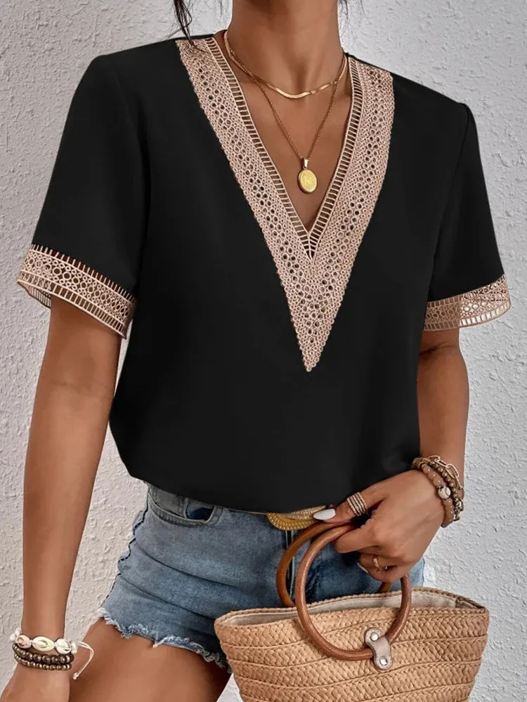 Womens Lace V-Neck Short-Sleeved Loose Fit Casual Top